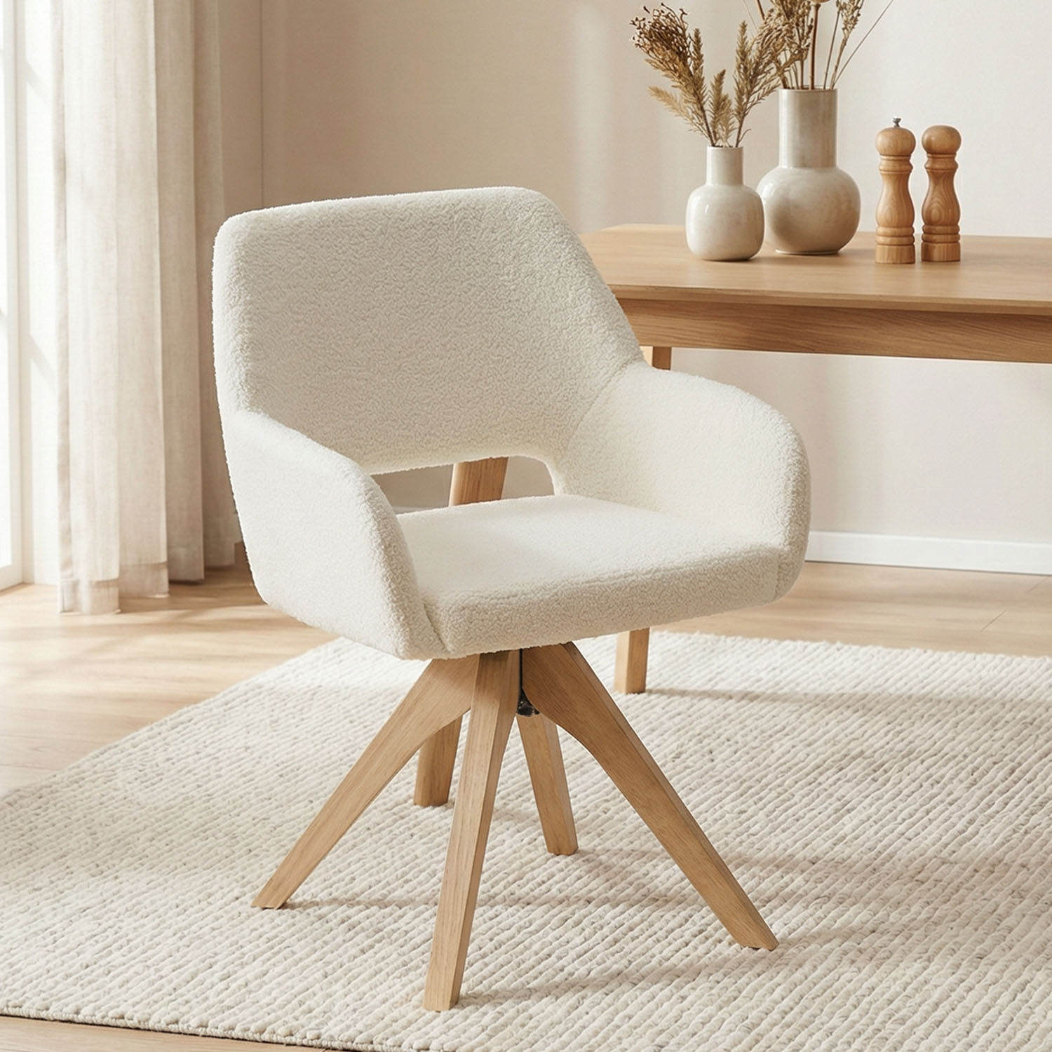 Upholstered Chair Teddy Fabric White | Set of 4 | swivel | with Armrests | Kitchen Dining Room Office