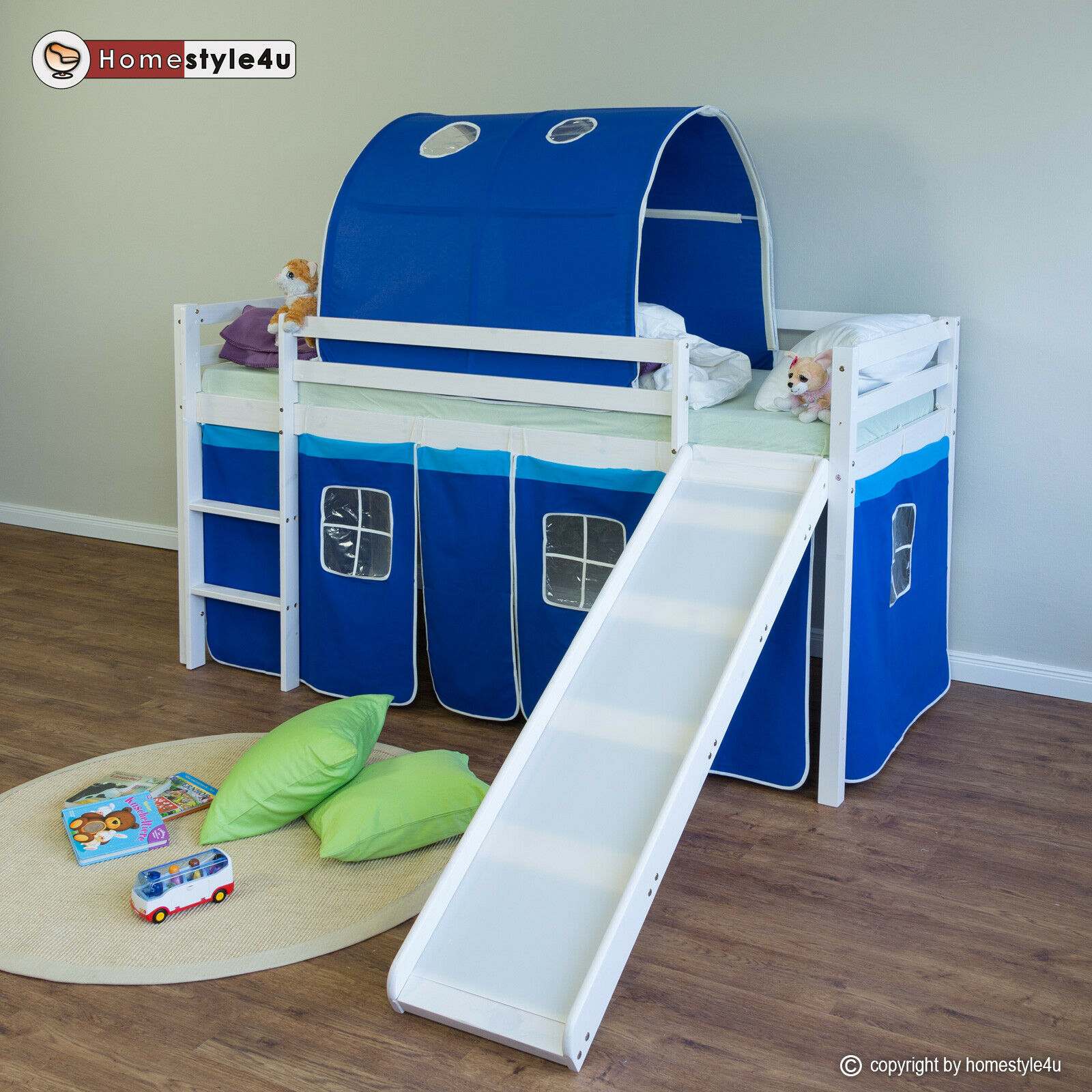 Loft Bed Kids 90x200 cm White with Curtain in Blue | Tunnel | Slide | without Slatted Frame Loft Bed Kids 90x200 cm White with Curtain in Blue | Tunnel | Slide | without Slatted Frame