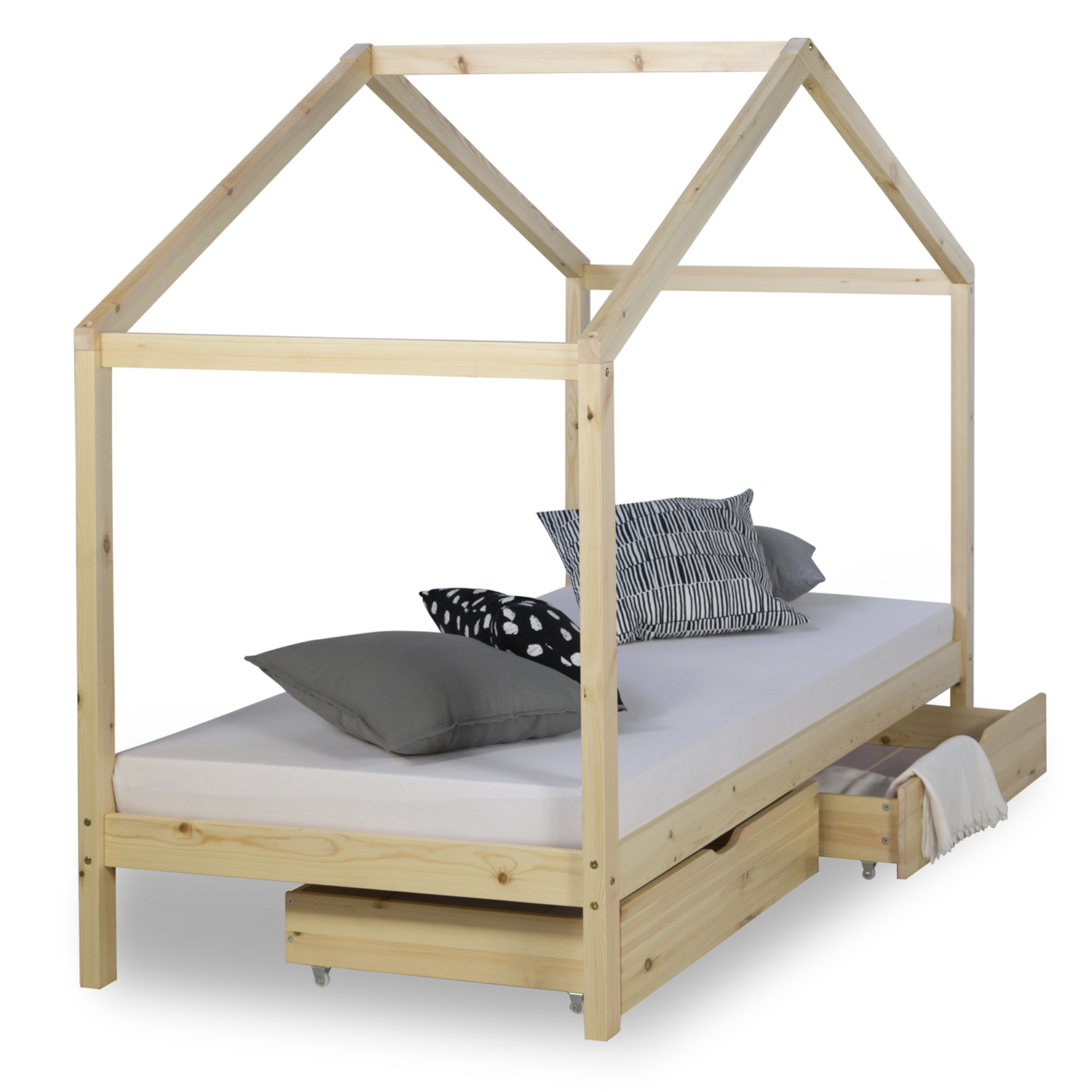 Children's Bed 90x200 cm Natural | House Bed with Drawers | Single Bed | with Slatted Frame | Wood