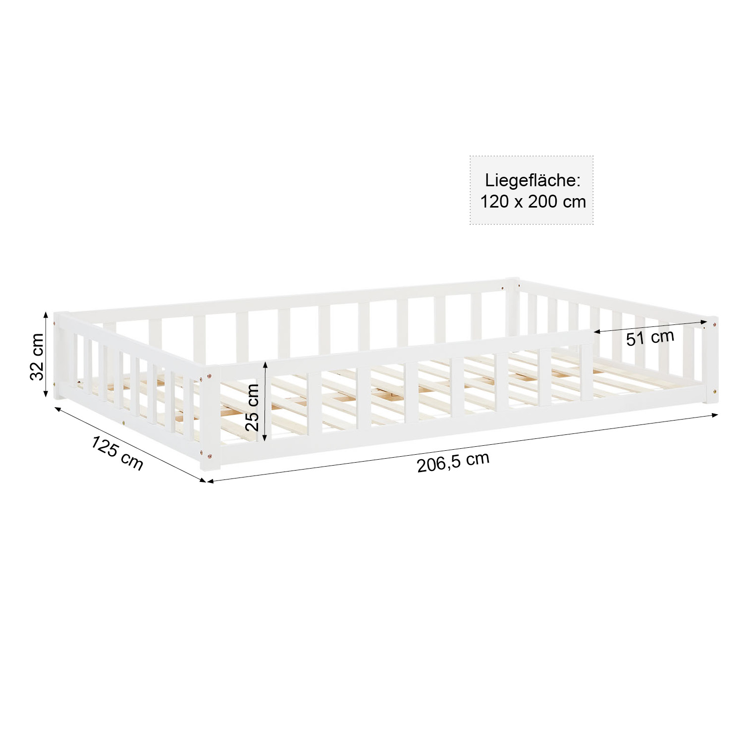 Children's Bed 120x200 White | Floor Bed with Mattress & Slatted Frame | with Fall Protection | Montessori