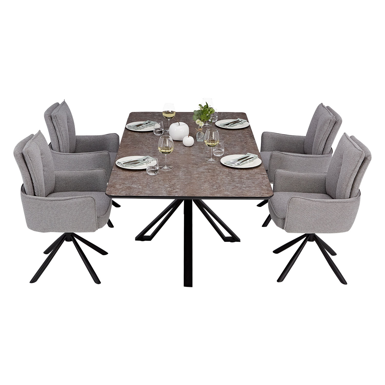 Dining set | 4-piece set upholstered chairs grey with armrest | swivel | dining table brown metal frame 200 x 100 cm