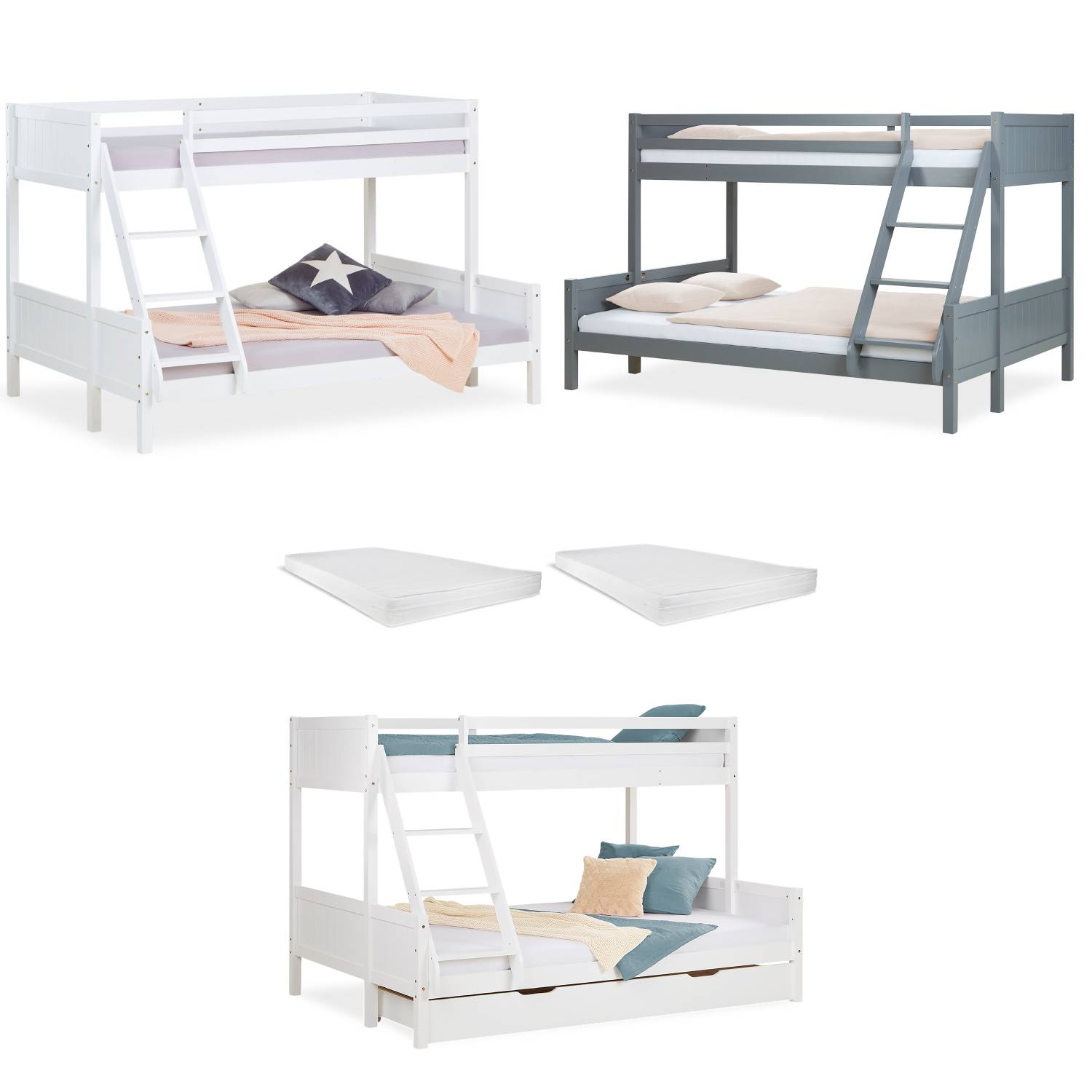 Bunk Bed Kids Bed 90x200 and 140x200 cm White Grey 2 Mattresses Wood Cabin Bed High Sleeper Bed Loft Bed Childrens Bed Twin Bed Drawer