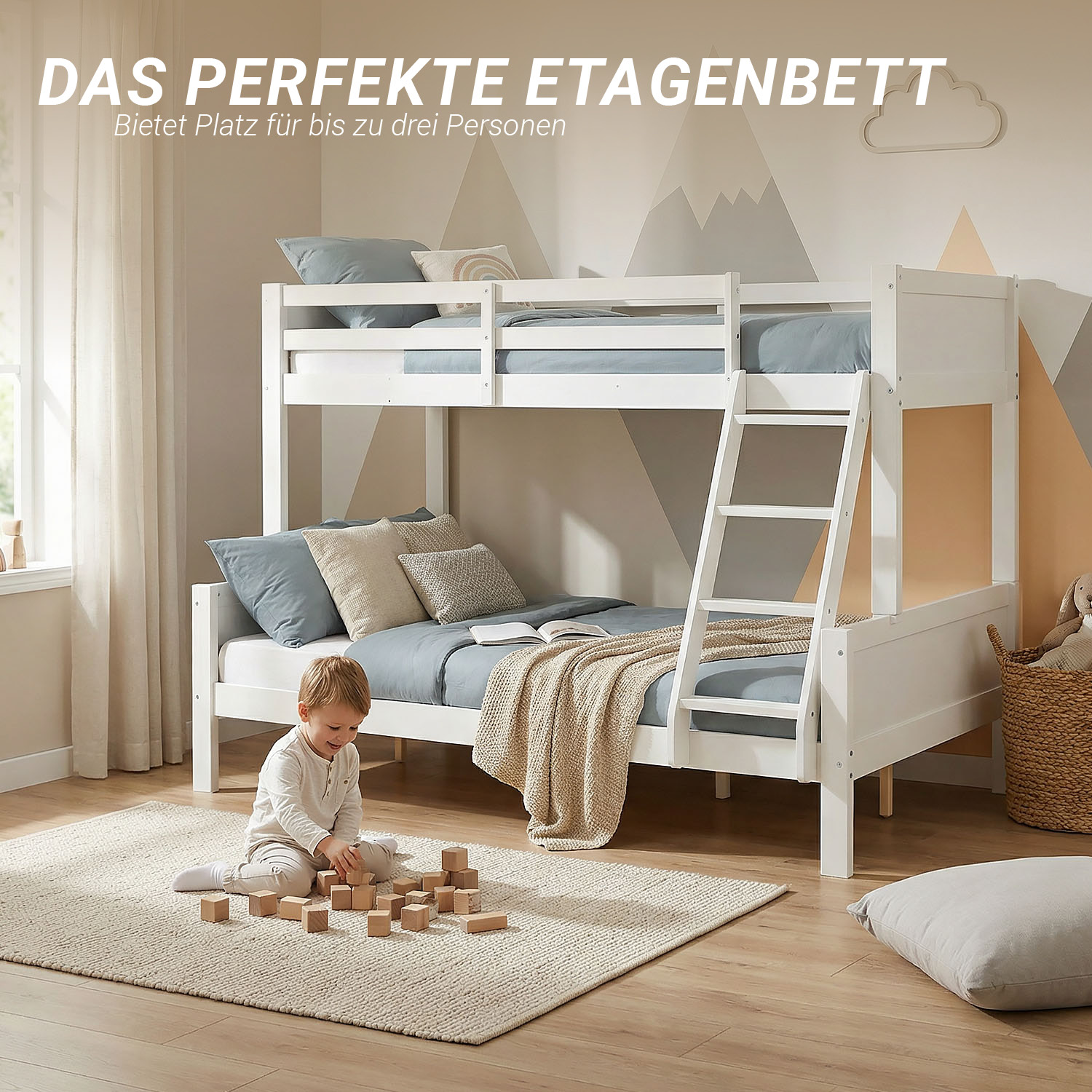 Children´s Bed Bunk Bed 90x200 and 140x200 High Sleeper Cot White Wood with Slats 2 Matresses