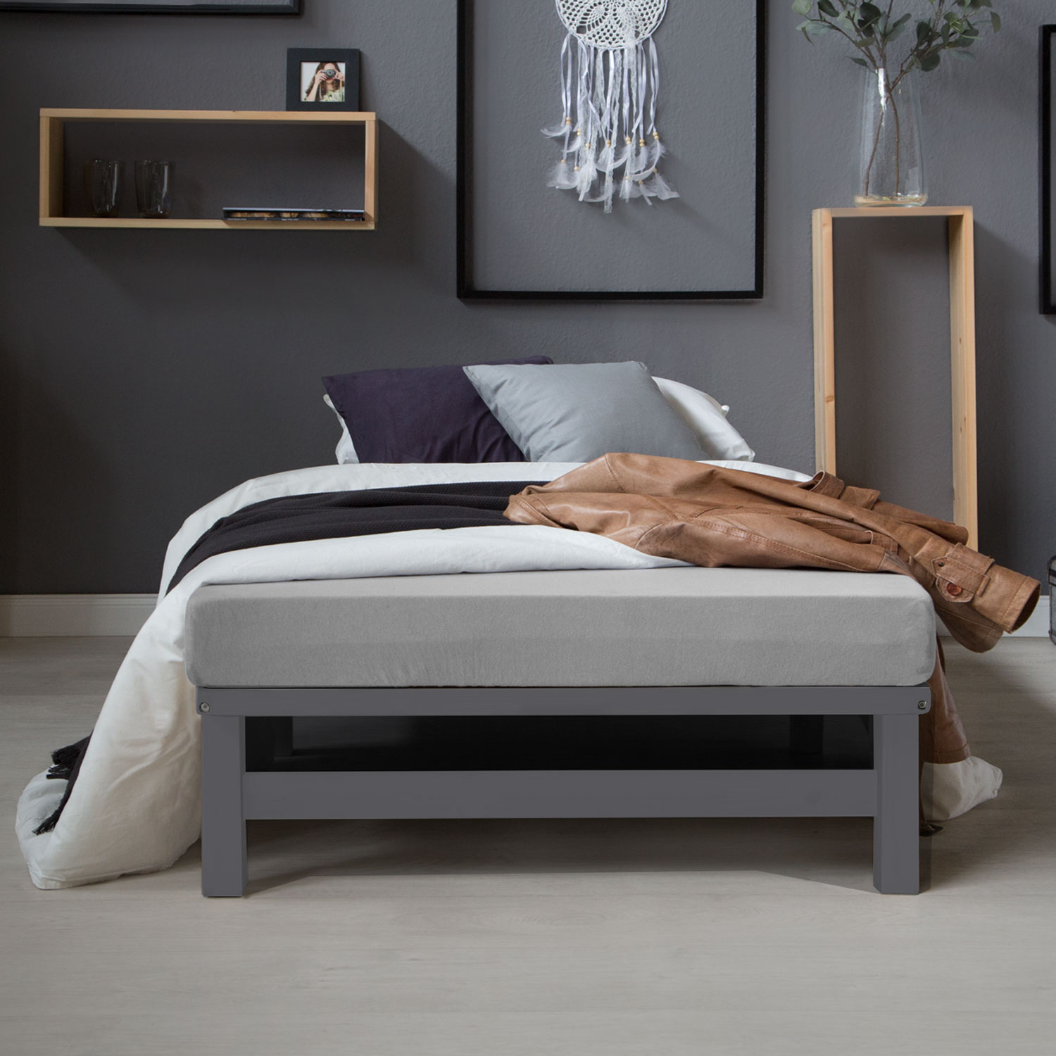 90x200 cm Gray Pallet Bed with Slatted Base – Solid Wood Single Bed in a Modern Design