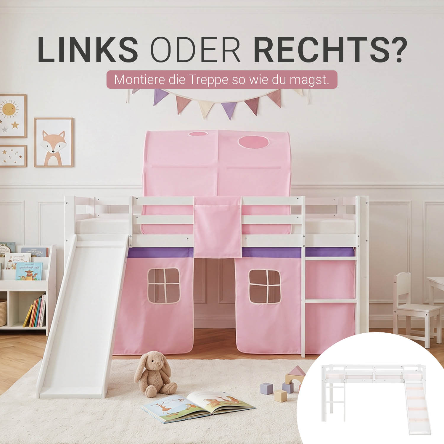 Children's Loft Bed 90x200 cm White with Pink Curtain | Slide | Tunnel | Includes Slatted Base | Includes Mattress