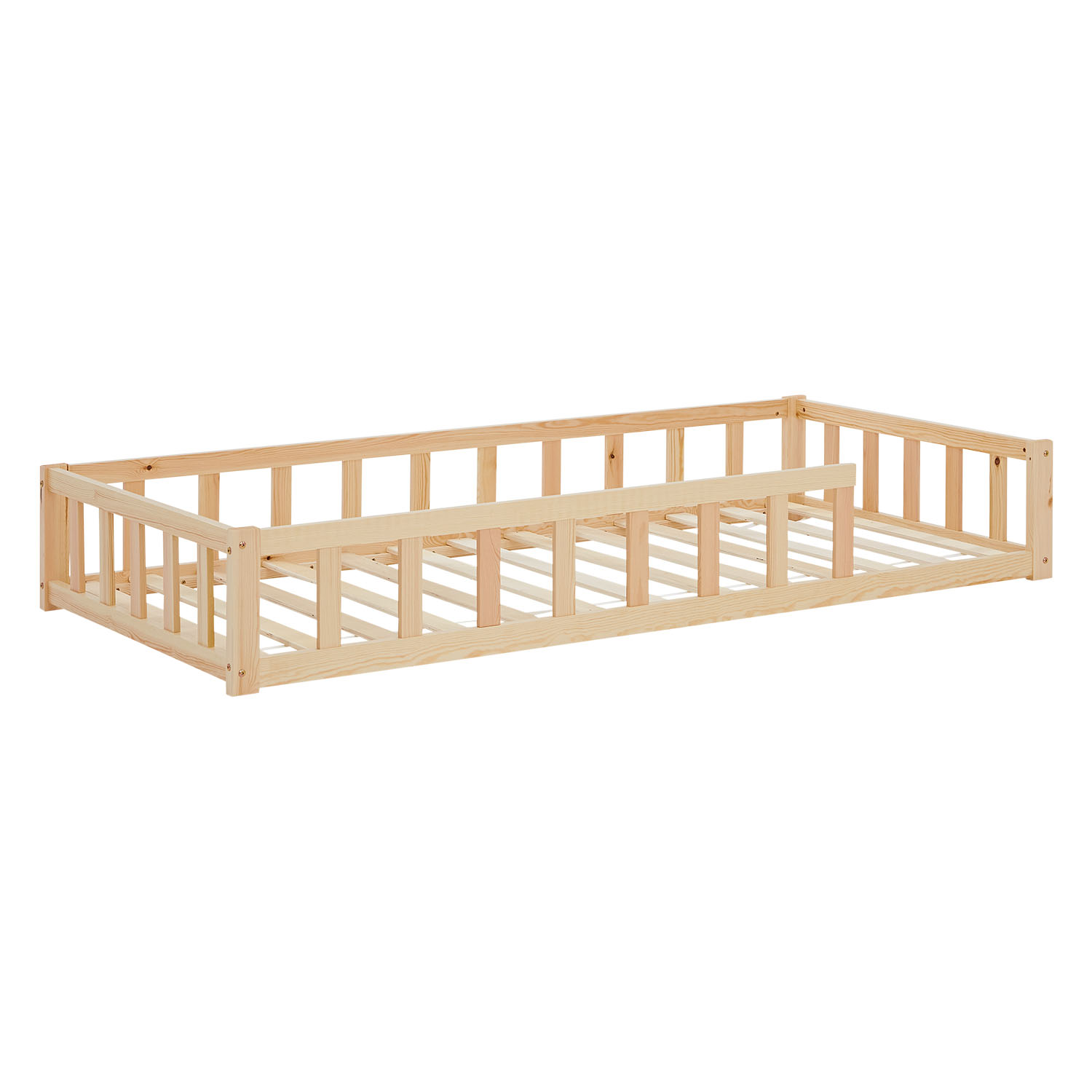 Children's Bed 90x200 Natural | Floor Bed with Mattress & Slatted Frame | with Fall Protection | Montessori