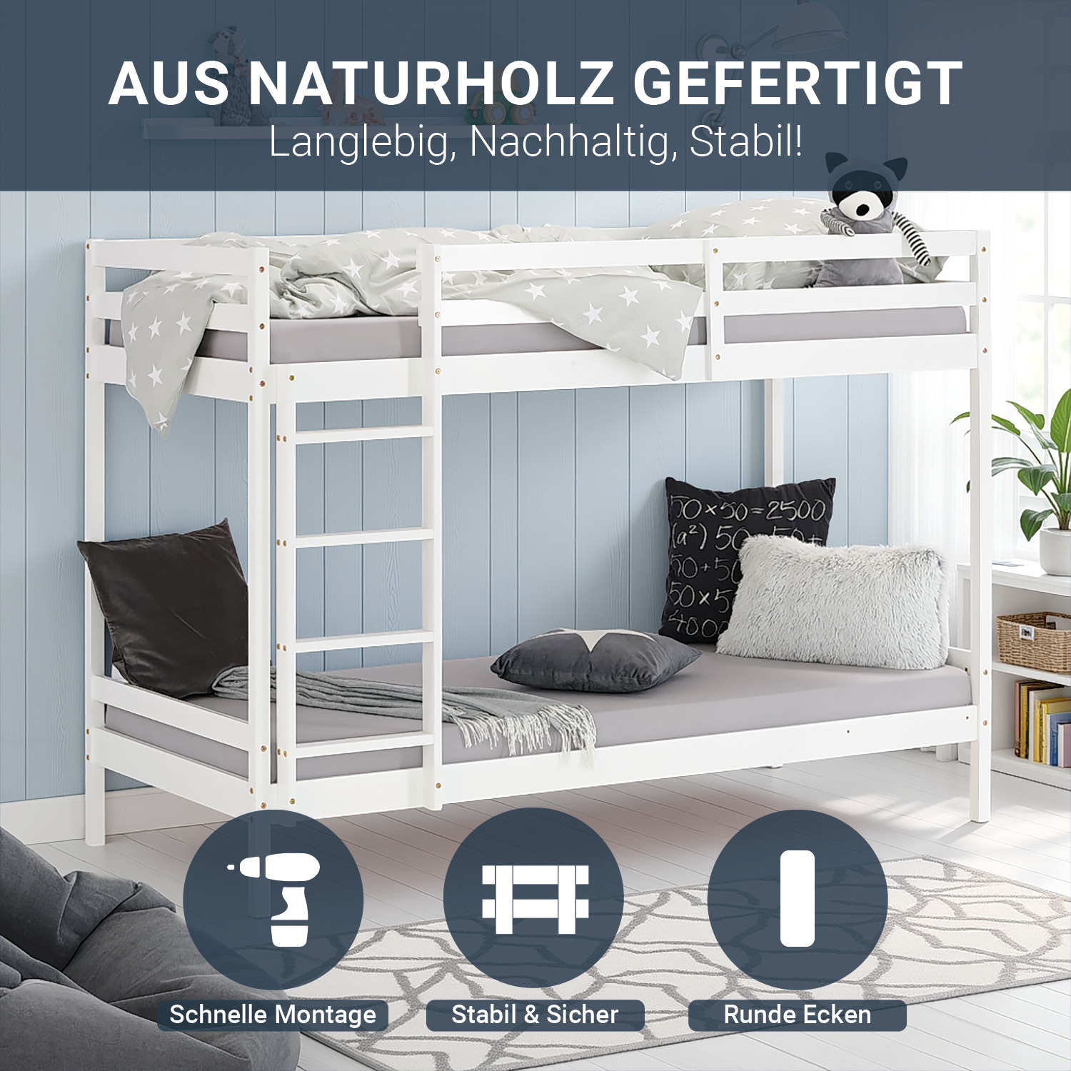 Bunk bed with 2 matresses Children bed 90x200 cm wooden Kids bed High sleeper White Slats
