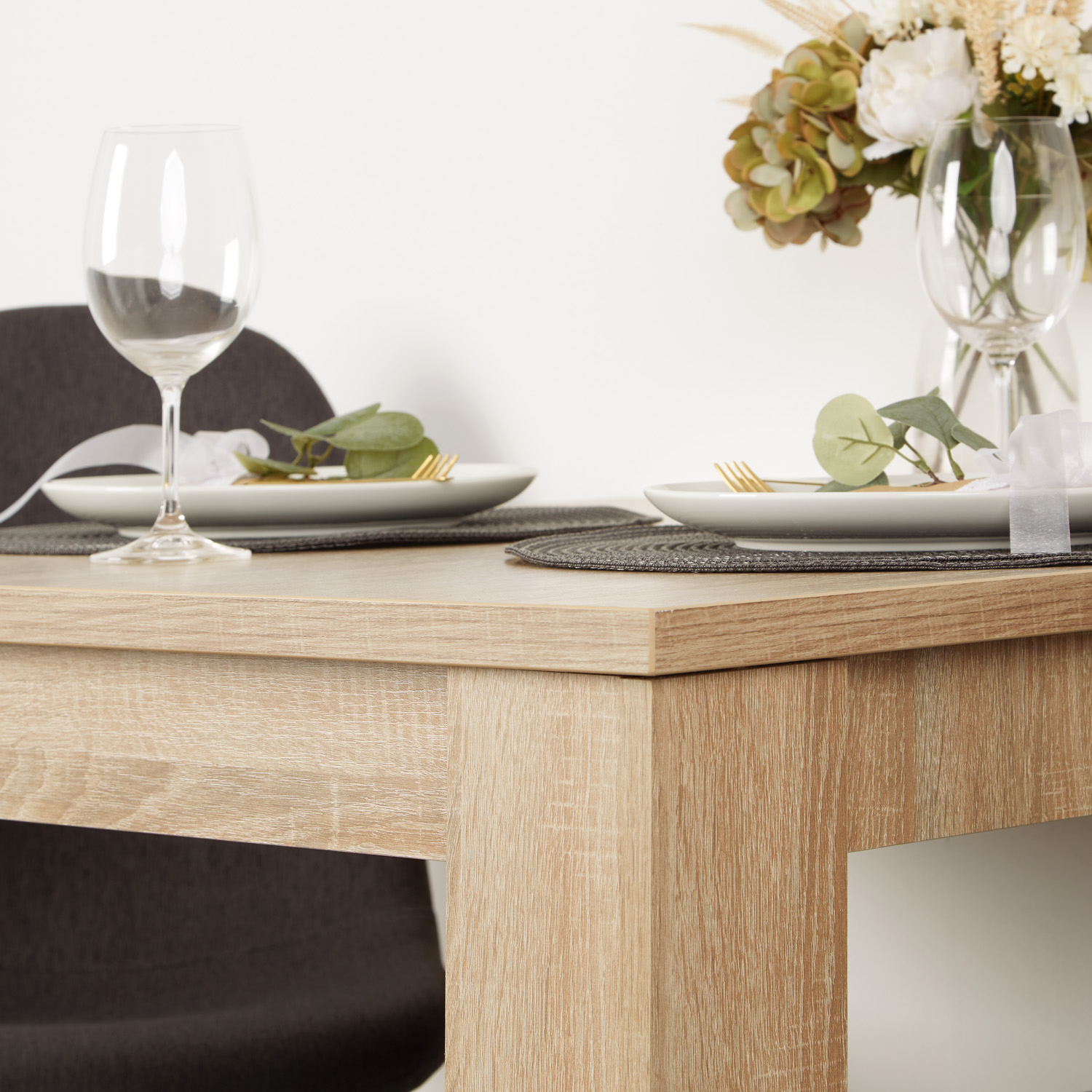 Dining Set (3-Piece): 80x80 cm oak table with 2 anthracite upholstered chairs and wood-look legs
