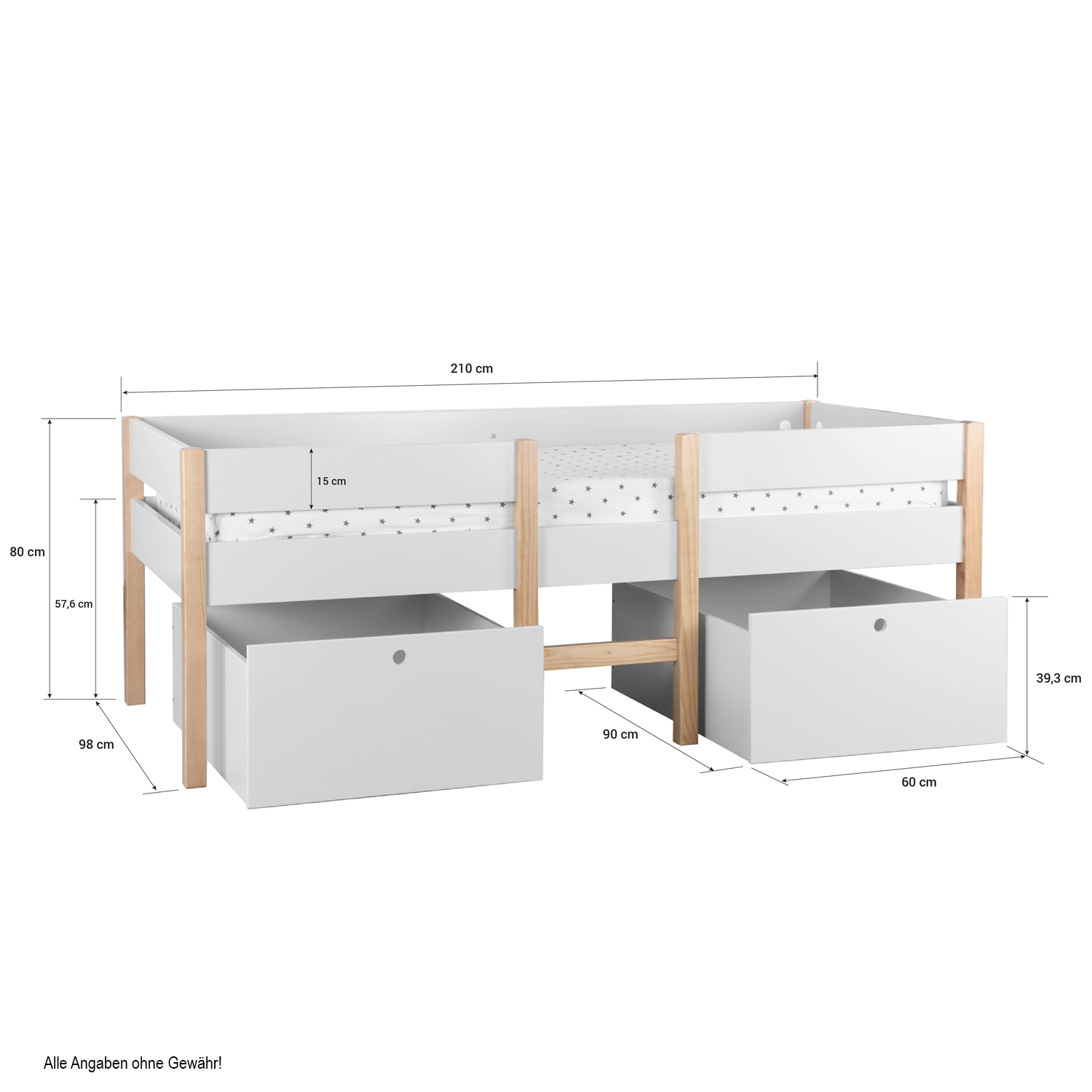 Children´s Bed Bunk Bed Kids Bed Mid Sleeper 90x200 White Wood Drawer