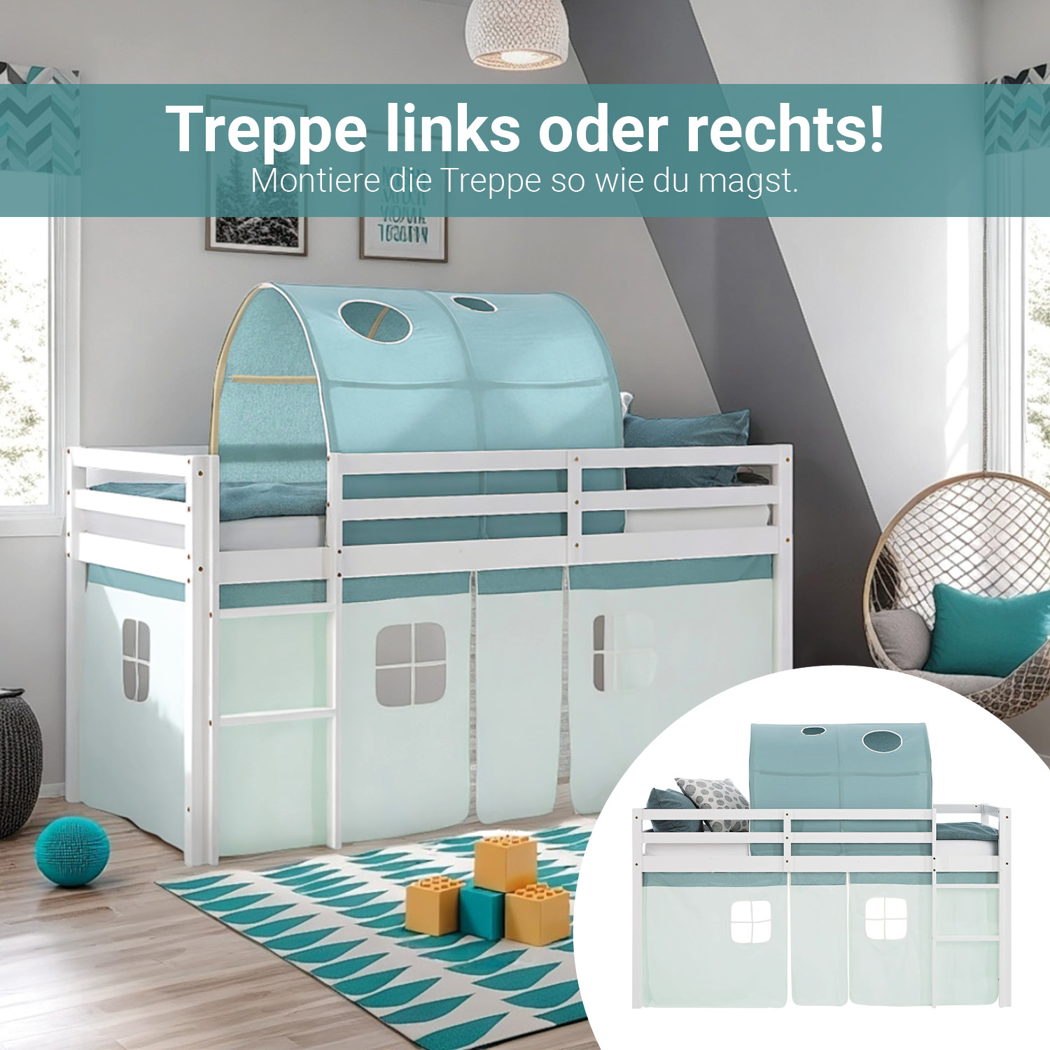 Loft Bed for Kids 90x200 cm White with Curtain in Mint Green | Tunnel | with Slatted Frame and Mattress