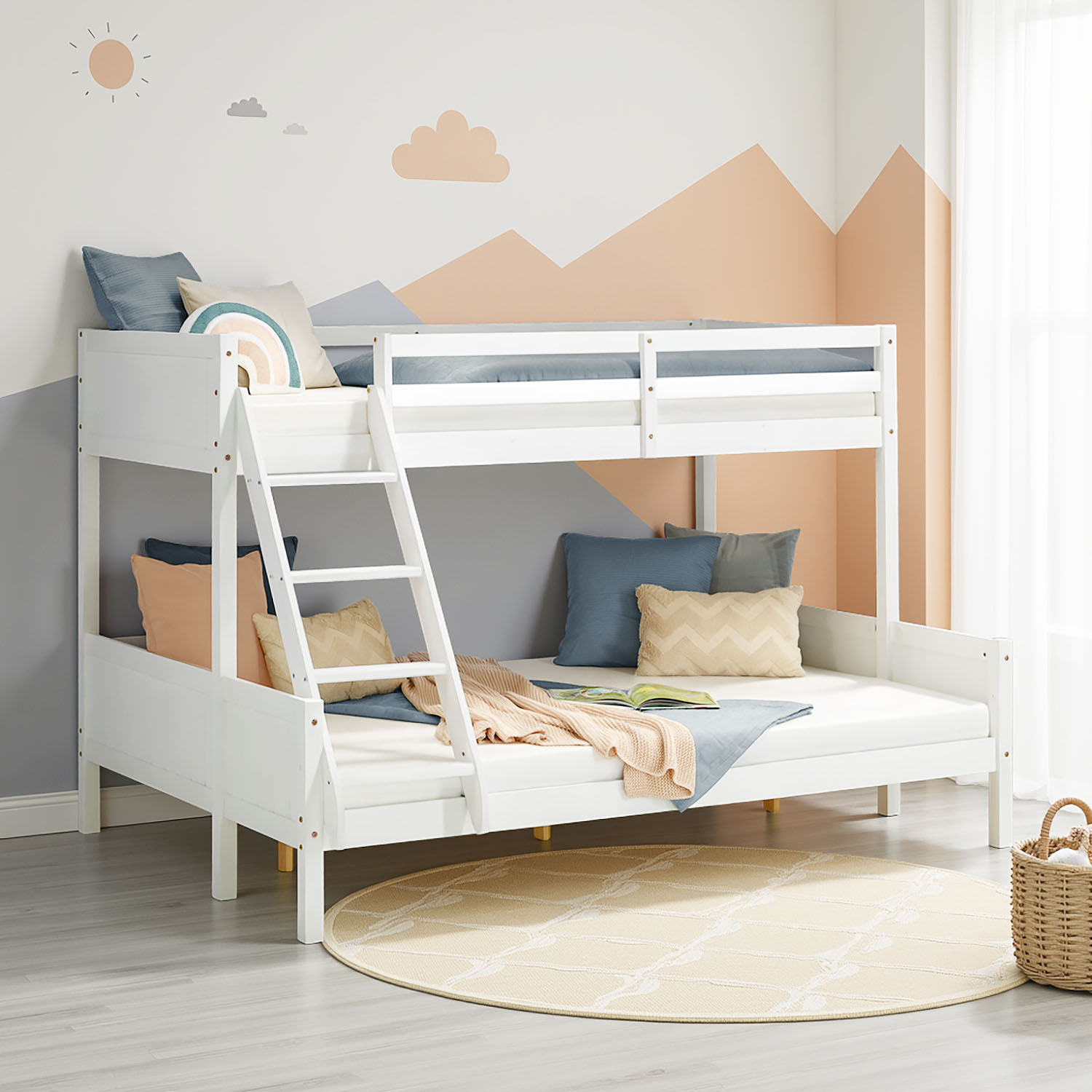 Children´s Bed Bunk Bed 90x200 and 140x200 High Sleeper Cot White Wood with Slats 2 Matresses