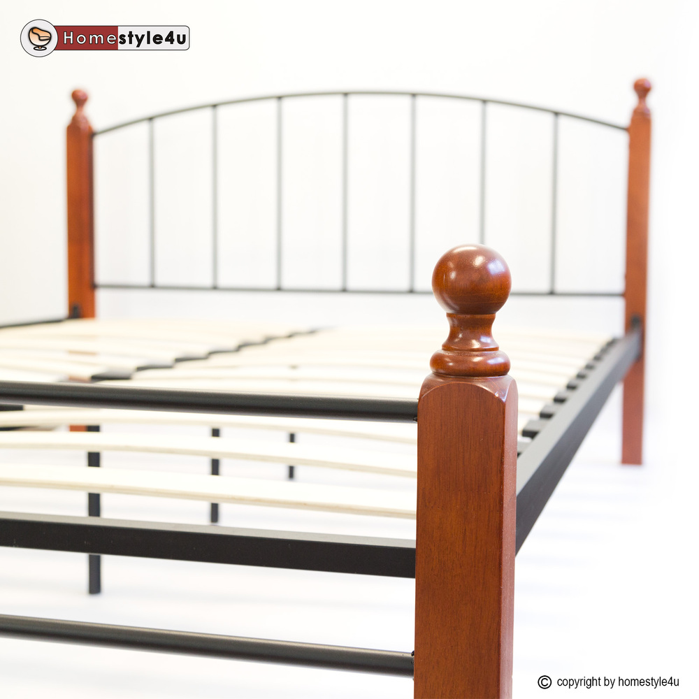 Metal Bed Iron Bed Double 180 x 200 Wood Slatted black brown bed frame 915