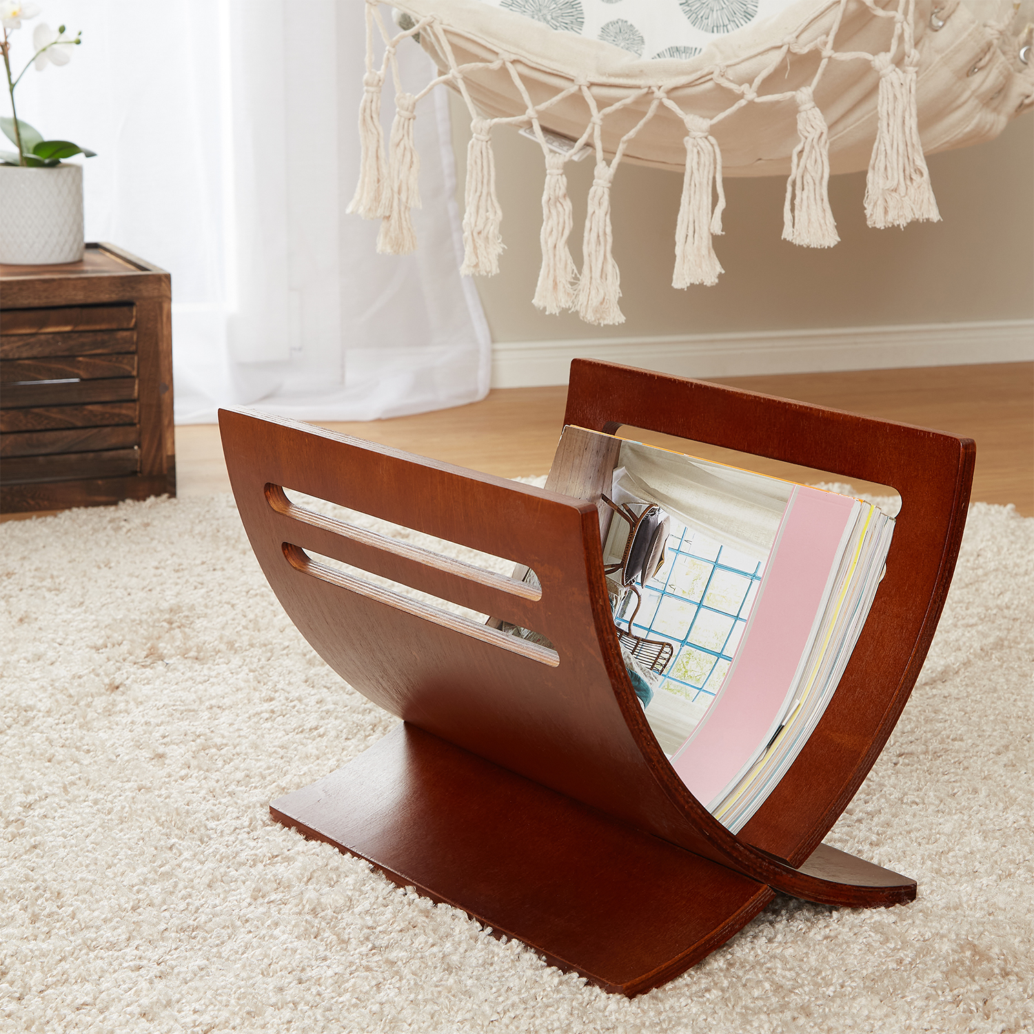 Newspaper Rack White Natural Brown Magazine Holder