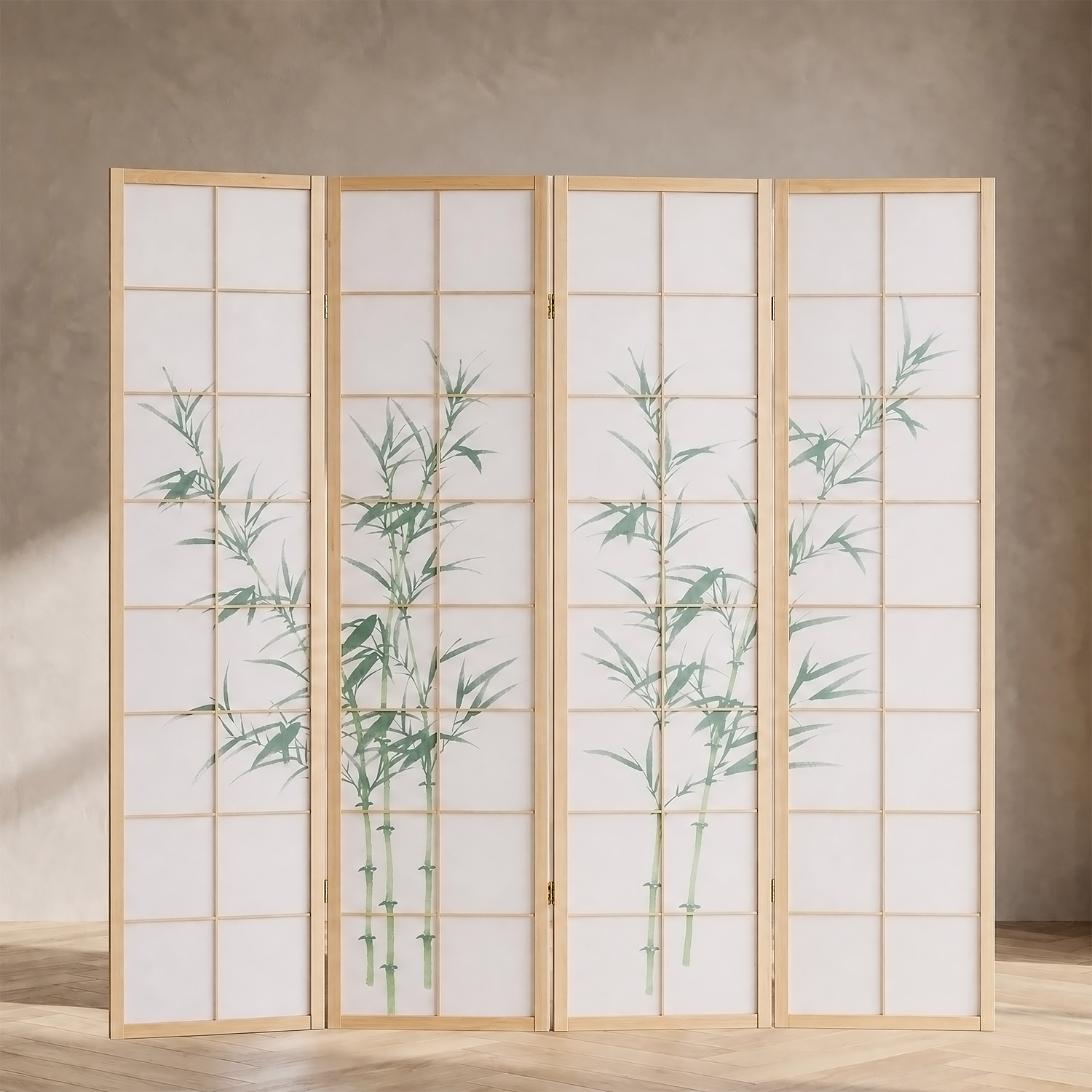 4-Panel "Nature" Screen – Wooden Room Divider with Bamboo Pattern & Rice Paper