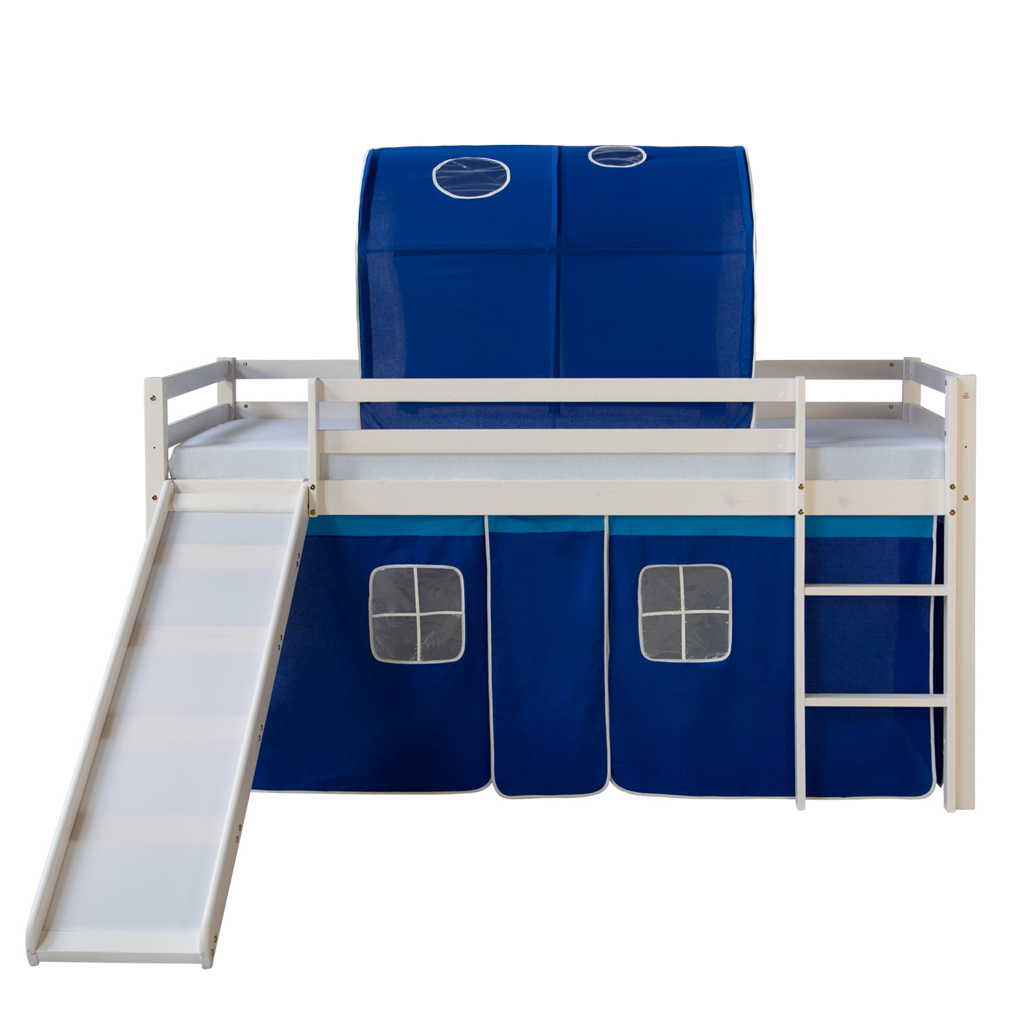 Loft Bed Kids 90x200 cm White with Curtain in Blue | Tunnel | Slide | without Slatted Frame