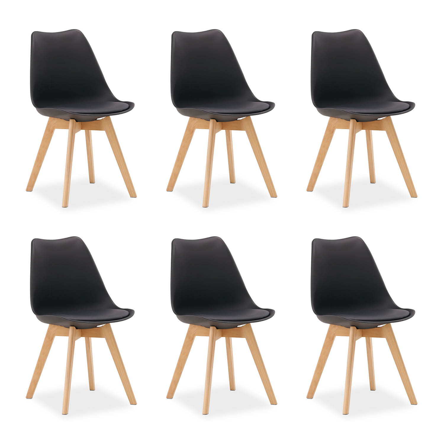 6 Black Dining Chairs – Modern Plastic Design Chair with Wooden Legs | Set of 4 Contemporary Kitchen & Dining Chairs