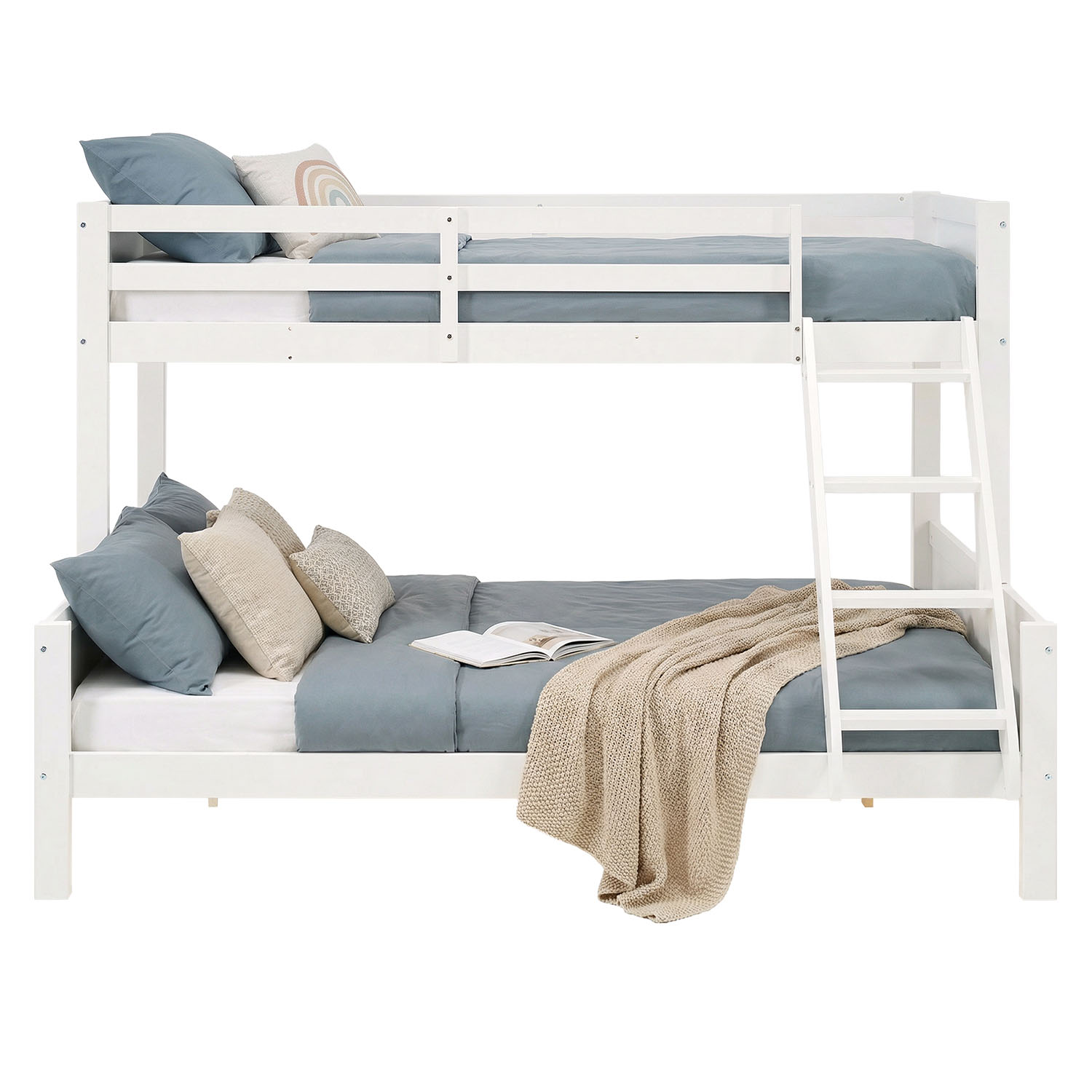 Children´s Bed Bunk Bed 90x200 and 140x200 High Sleeper Cot White Wood with Slats 2 Matresses