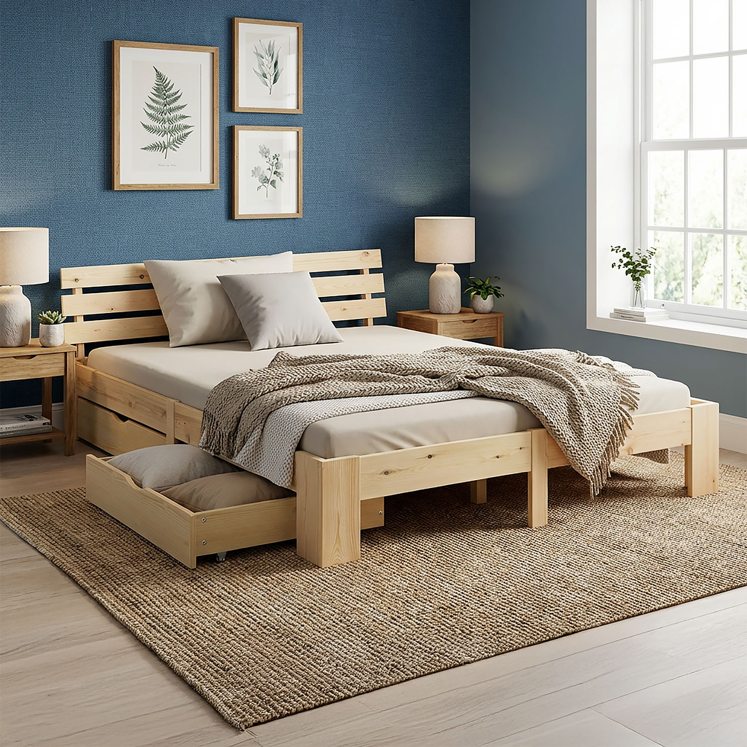 Wood Bed 140x200 cm Natural | Double Bed | with Spring Mattress | 2 Drawers | Youth Guest Bedroom