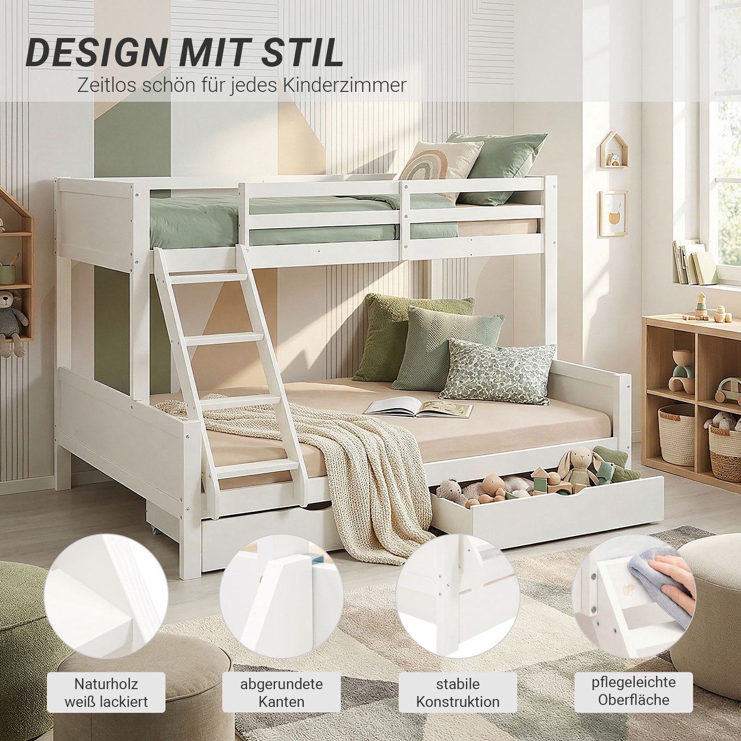 White Wooden Bunk Bed for Kids & Teens, 90x200 cm & 140x200 cm, with 2 Underbed Drawers and 2 Mattresses