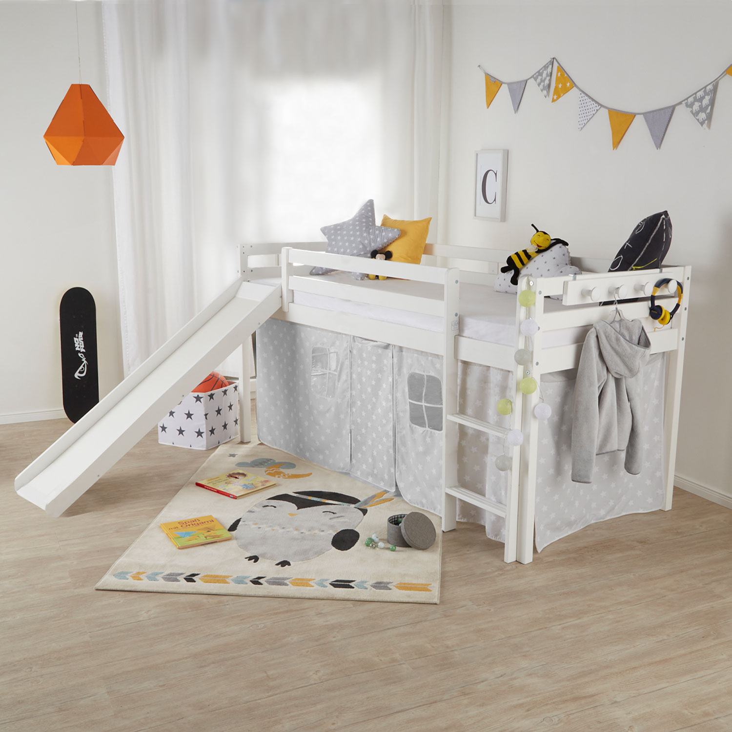 Children's Loft Bed 90x200 cm with Slatted Frame Slide Ladder, Bunk Bed Play Bed White Wood Pine