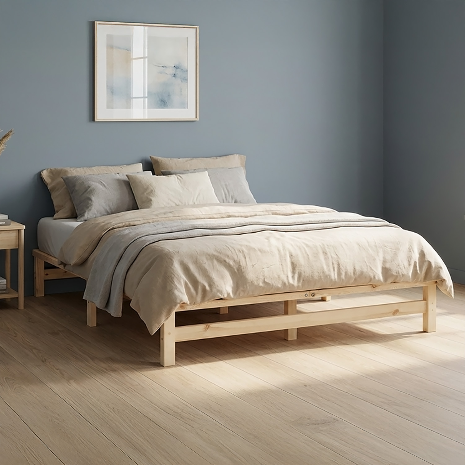 140x200 cm Natural Pallet Bed – Wooden Double Bed with Mattress & Slatted Base for Teen Rooms, Guest Rooms, and Bedrooms