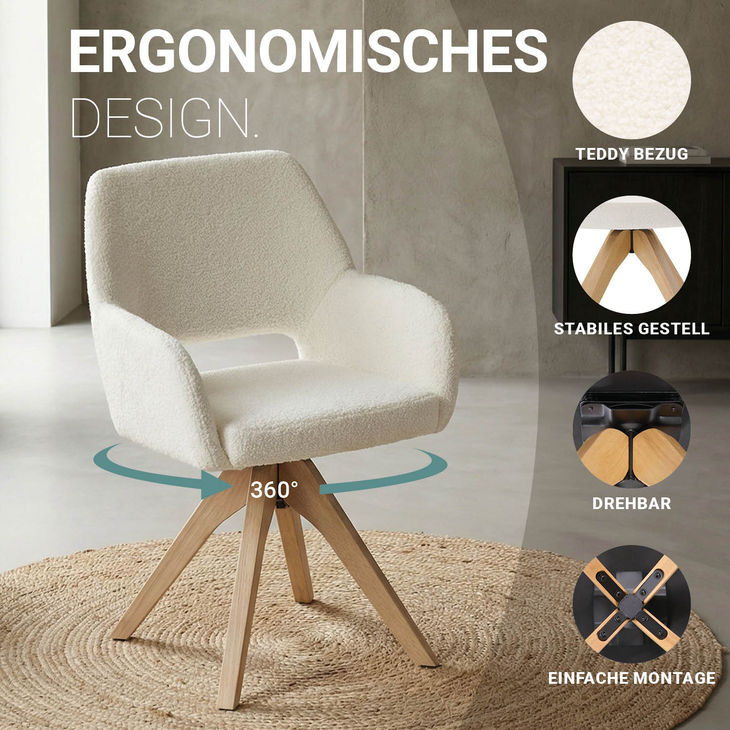 Upholstered Chair Teddy Fabric White | Set of 4 | swivel | with Armrests | Kitchen Dining Room Office