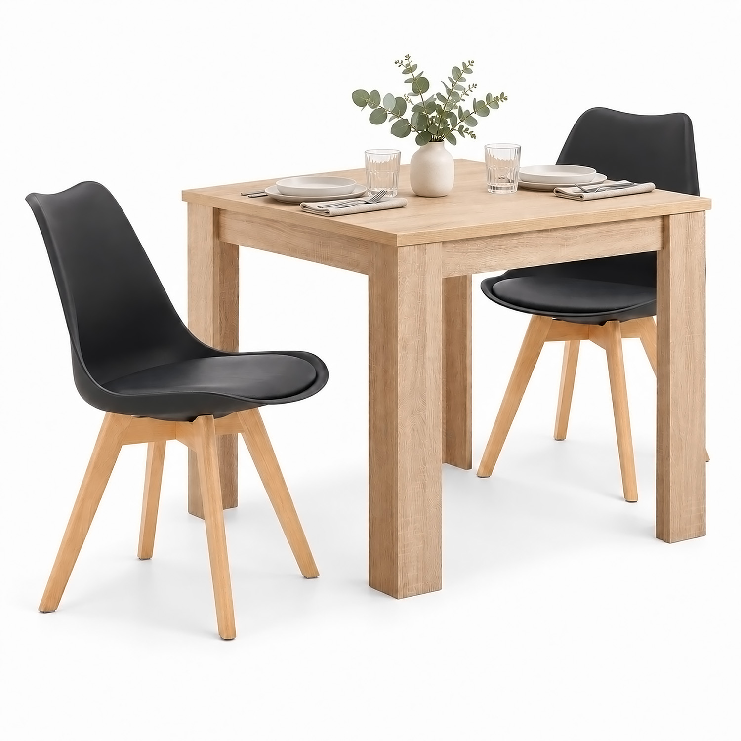 Dining Set (3-Piece): 80x80 cm oak dining table with 2 black plastic chairs and wooden legs