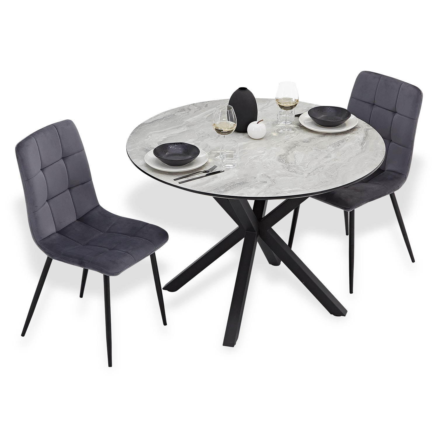 Dining set | 3-piece set upholstered chairs grey | dining table grey black metal frame round 110 cm