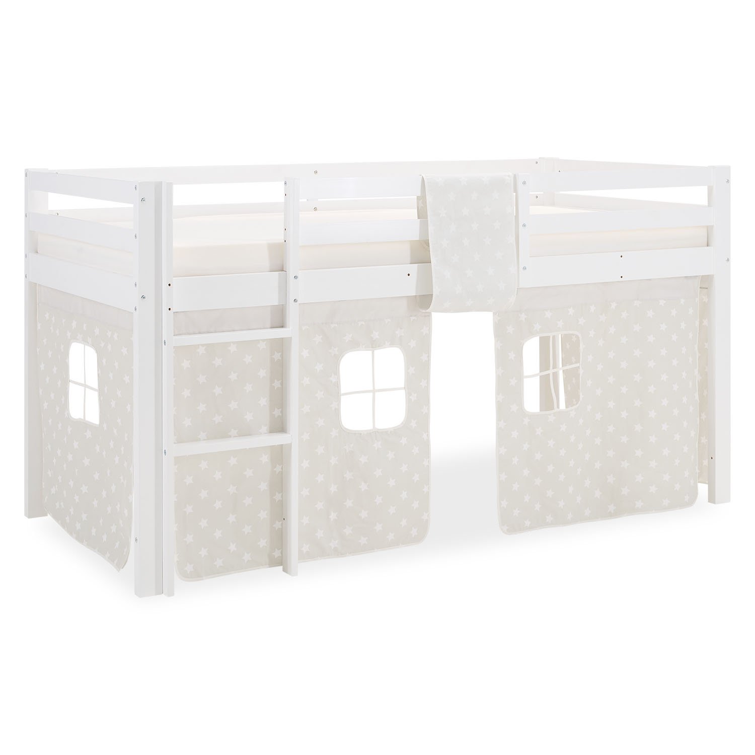 Children's Loft Bed 90x200 cm White with Star Curtain | Includes Slatted Base
