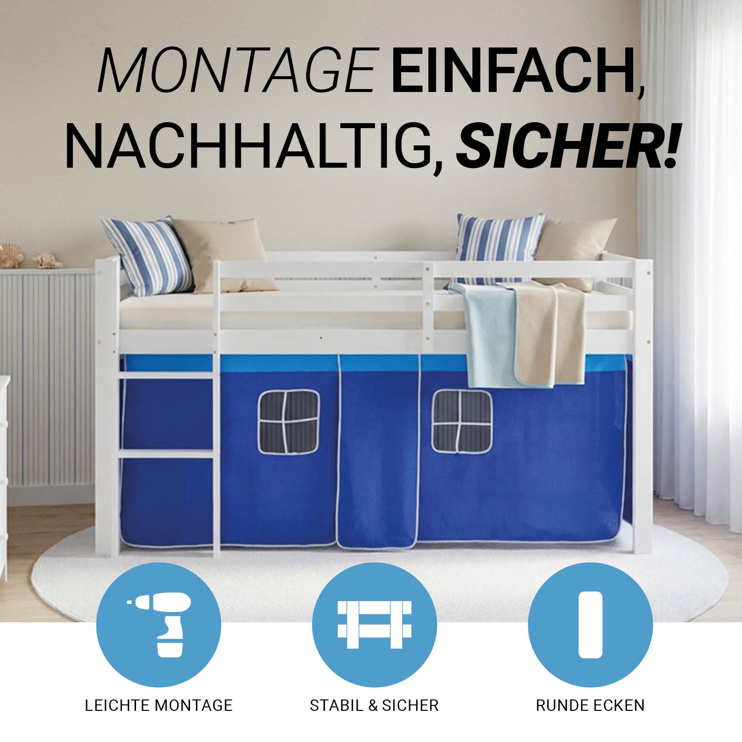 Children's loft bed, 90x200 cm, white with blue curtain | without slatted frame