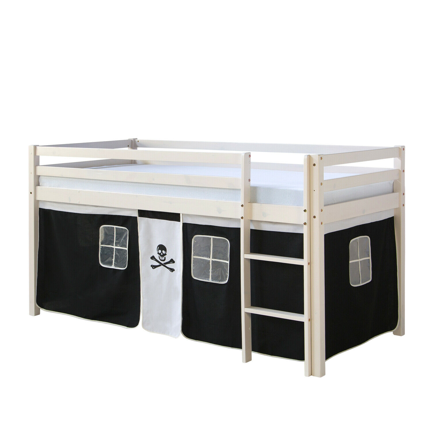 Loft Bed Kids 90x200 cm White with Curtain Black | without Slatted Frame Loft Bed Kids 90x200 cm White with Curtain Black | without Slatted Frame