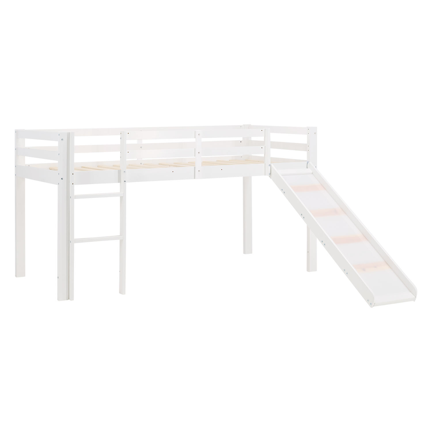 Children's Loft Bed 90x200 cm White with Blue Curtain | Slide | Includes Slatted Base | Includes Mattress
