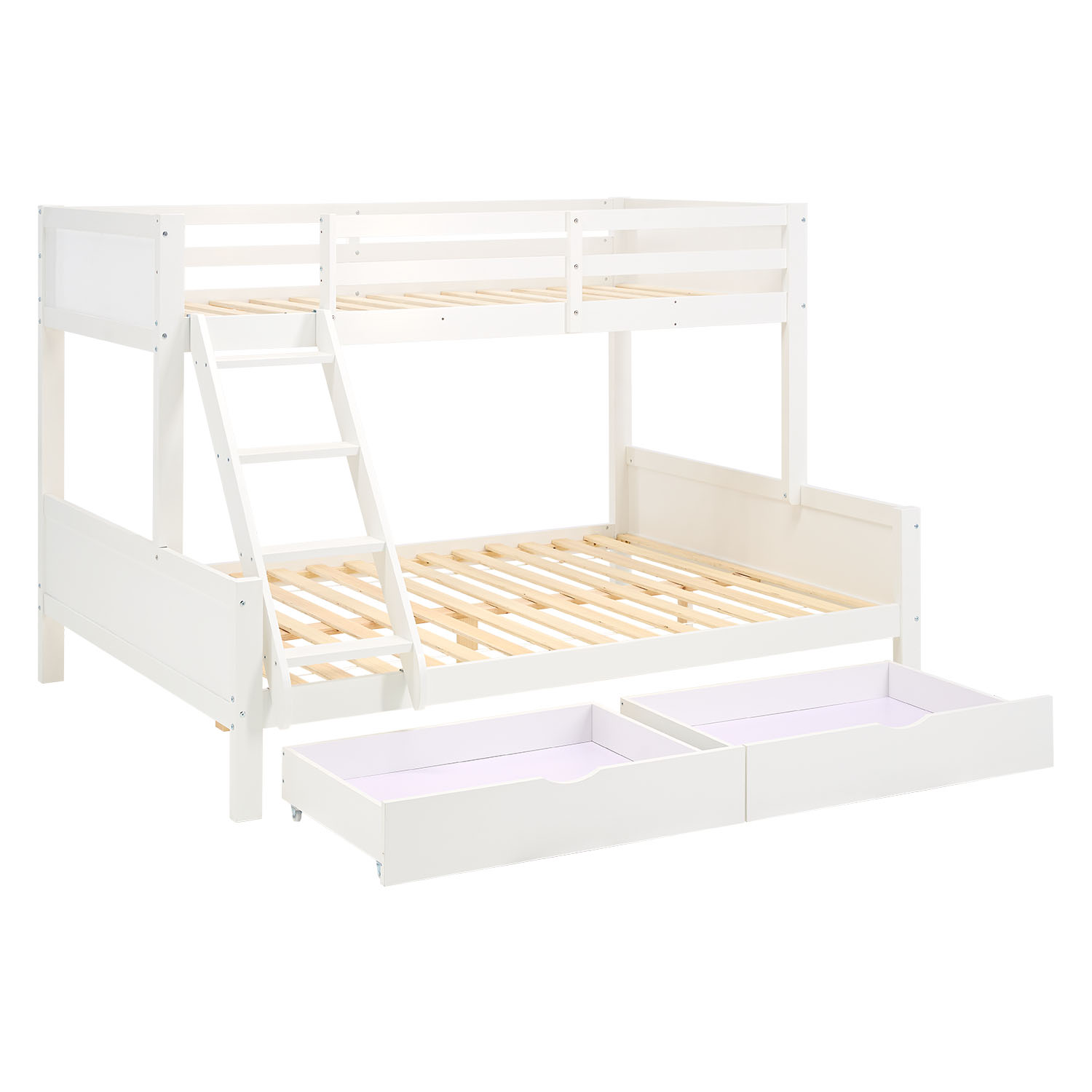 White Wooden Bunk Bed for Kids & Teens, 90x200 cm & 140x200 cm, with 2 Underbed Drawers and 2 Mattresses