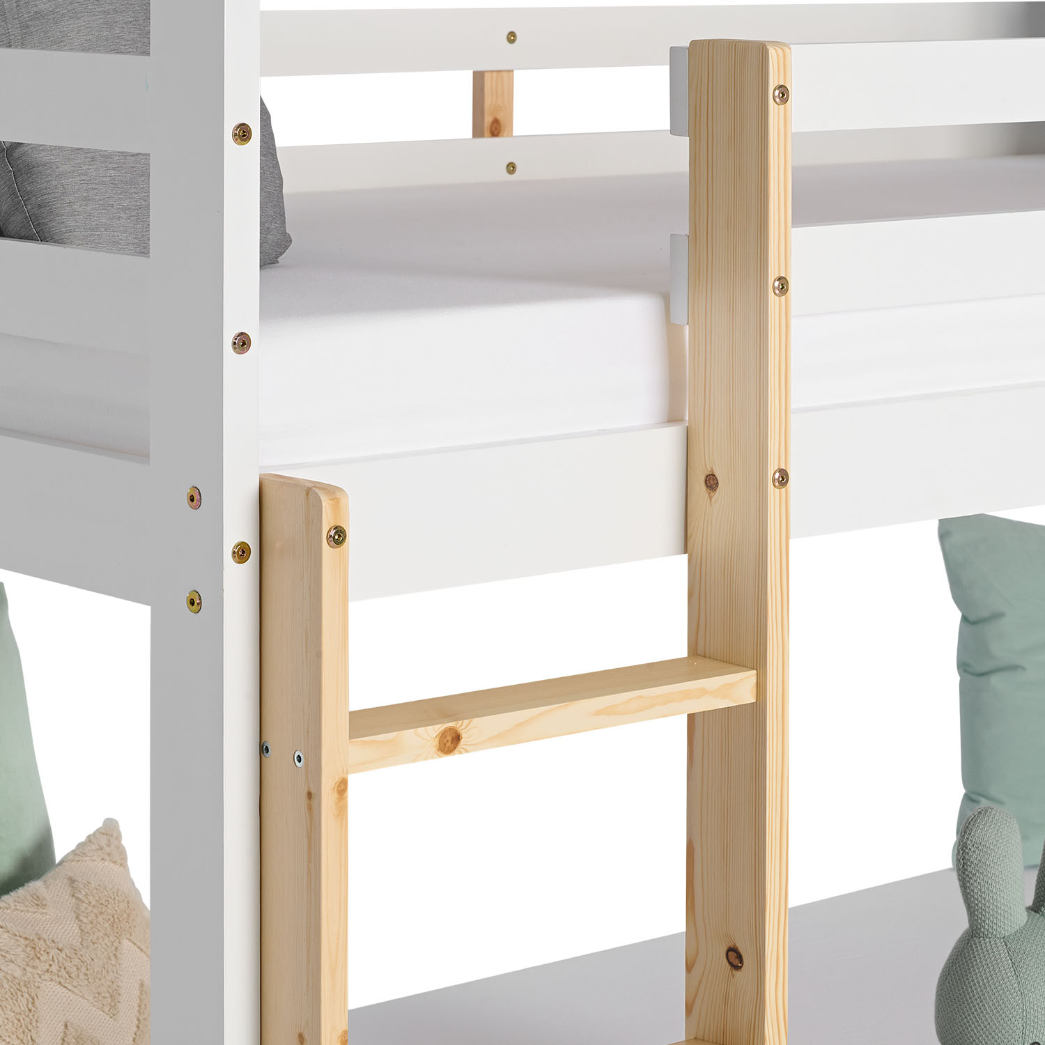 Bunk Bed 3 Levels 90x200 cm White | Ladders Natural | with Slatted Frame