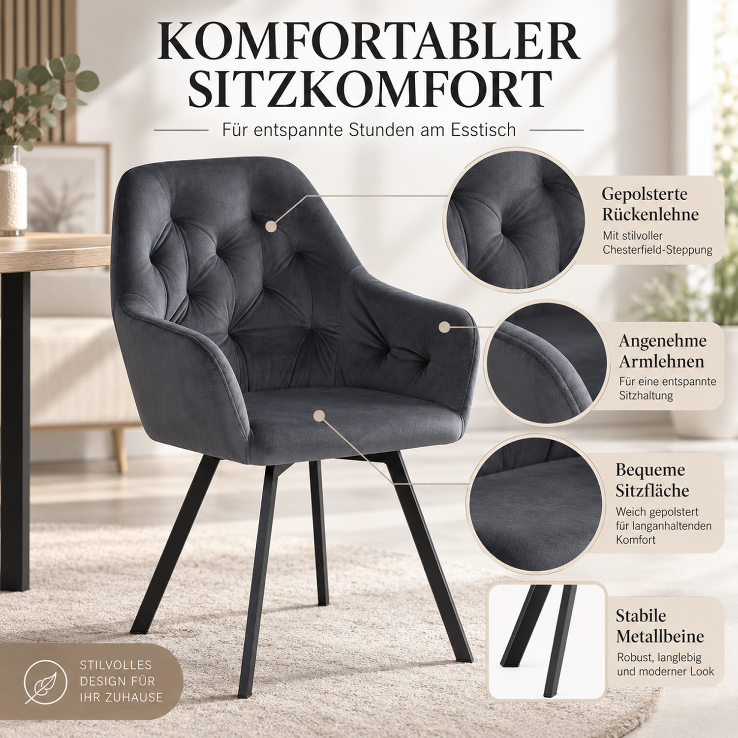 Set of 2 swivel upholstered chairs in gray velvet with armrests – Elegant dining chairs
