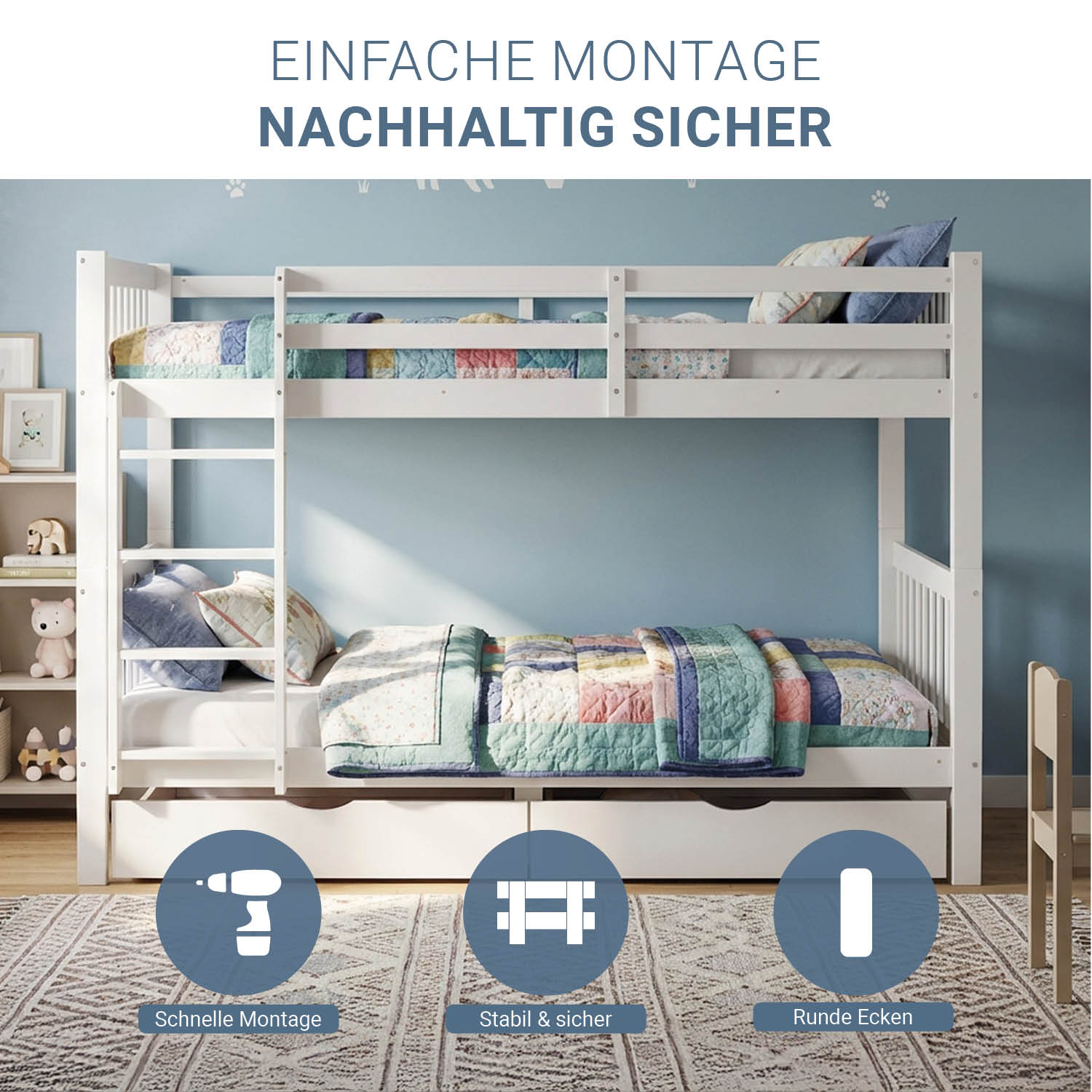 White Bunk Bed 90x200 cm | Children’s Bed with Mattress | with 2 Underbed Drawers | Slatted Base Included | Safety Guard | Convertible | Solid Wood