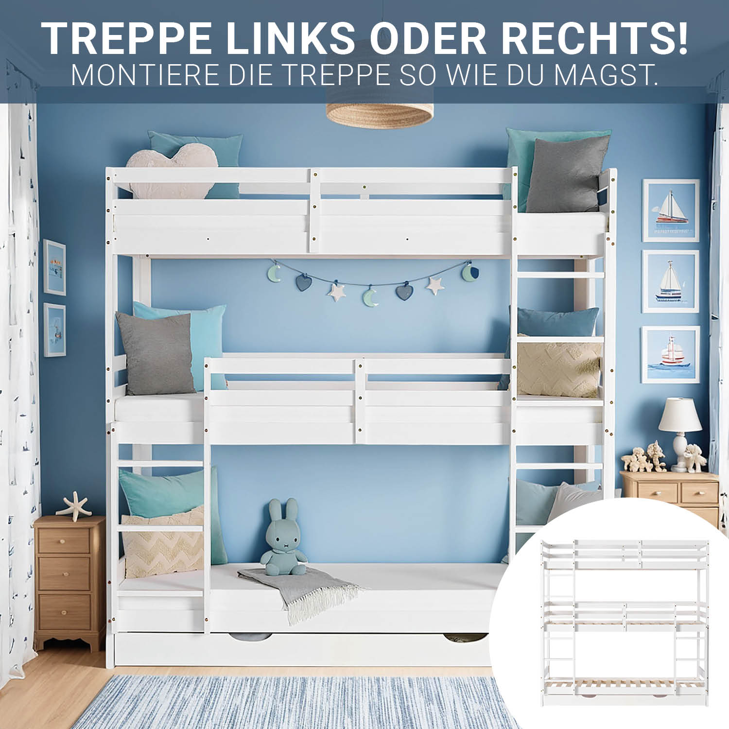 Triple Bunk Bed 90x200 with Mattresses Children´s Bed High Sleeper Cot White Wood Loft Bed Kids Bed