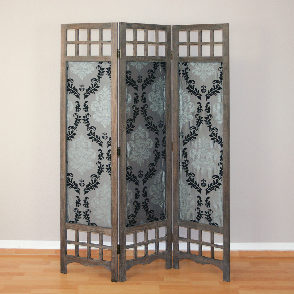 Paravent Brown Fabric Gray with Decorations | 3-panel | Wood | Room Divider Partition Privacy Screen
