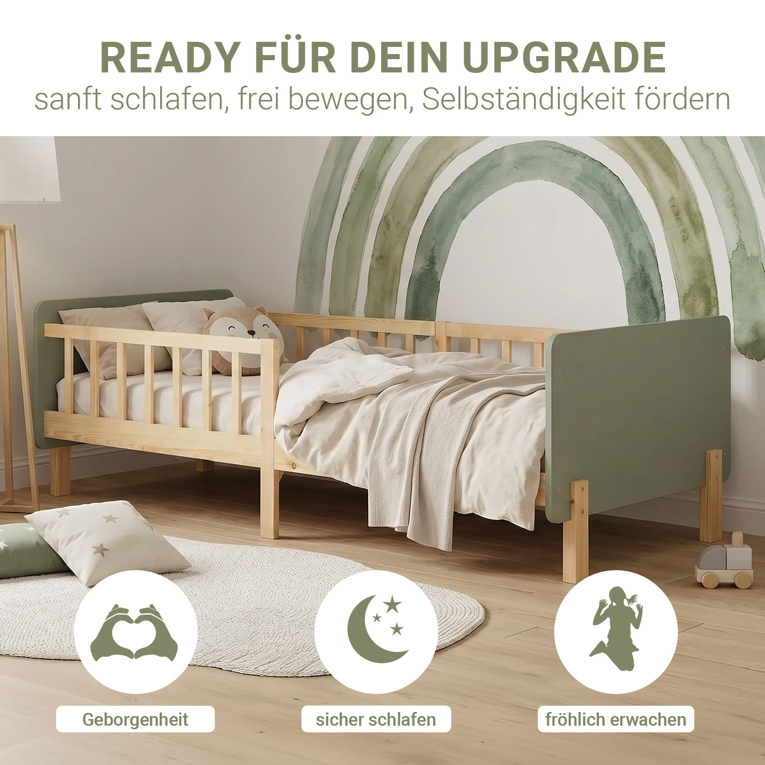 Single bed 90x200 cm Green with Mattress Wooden Bed frame Toddler bed with safety rail Kids bed Childrens bed Slatted frame