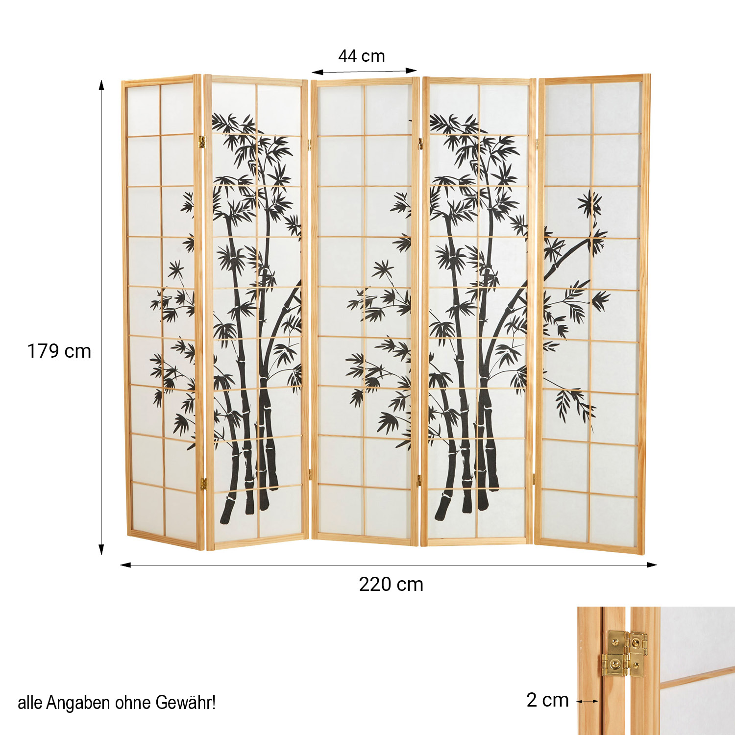 Paravent Séparation de pièce 3 pièces, bois naturel, papier de riz blanc, motif bambou, hauteur 179 cm	