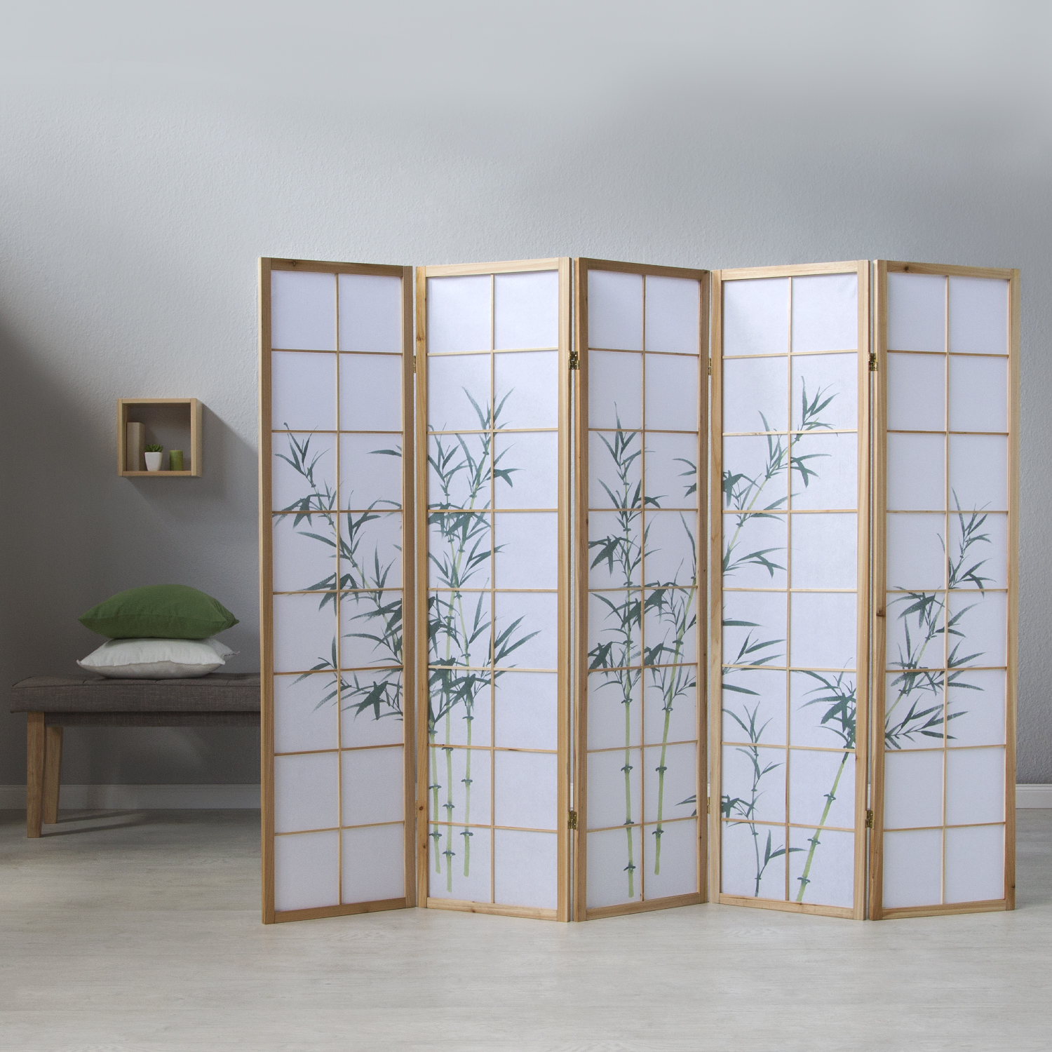 Paravent room divider 3, 4 or 5 parts, wood natural, rice paper white, bamboo pattern, height 175 cm