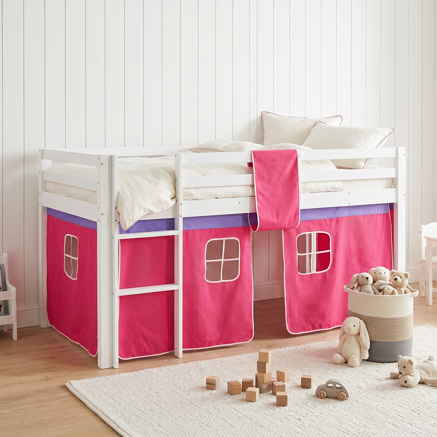 Loft Bed Kids 90x200 cm White with Curtain in Pink | without Slatted Frame