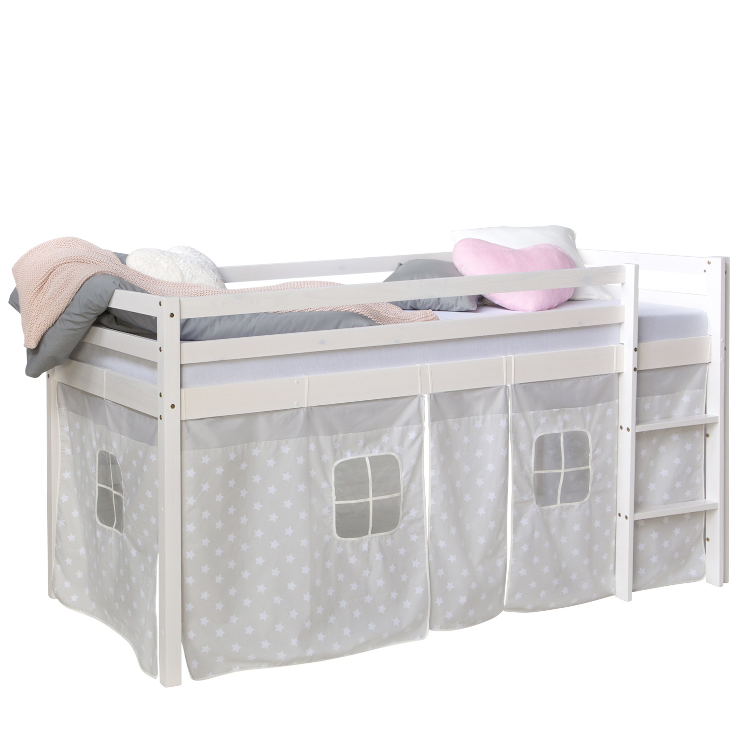 Loftbed 90x200 cm Bunk bed Childrens bed Solid Pine Wood Tower Tunnel Curtain Grey Stars Slide Mattress Slats