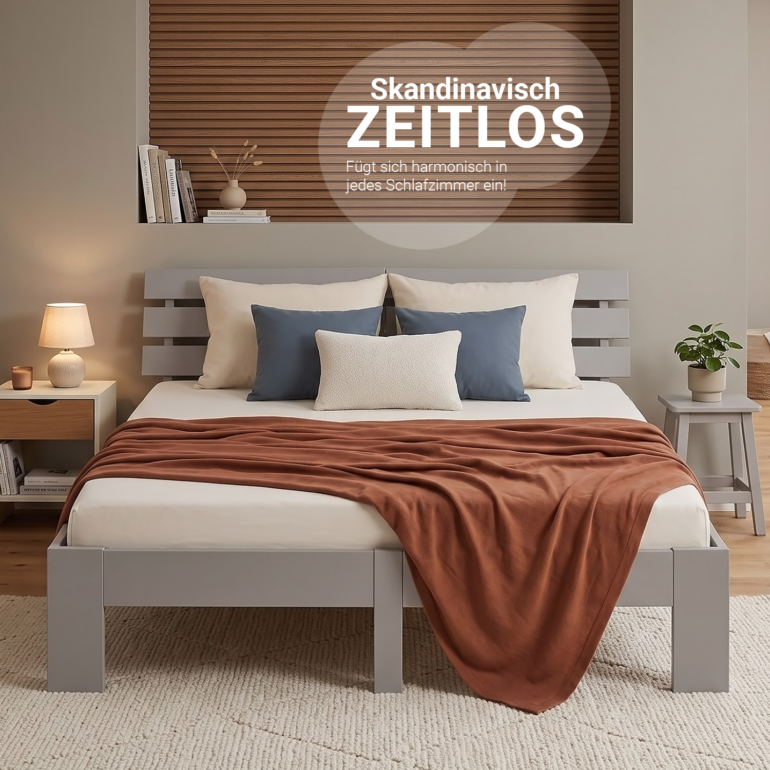 Wood Bed 140x200 cm Grey | Double Bed | with Spring Mattress | Solid | Youth Guest Bedroom