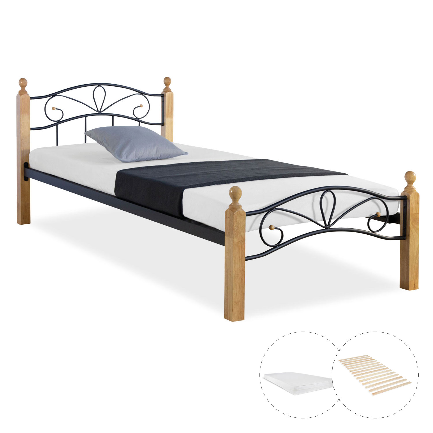 Metal Bed with Mattress Slatted Frame 90x200 cm Bedstead Black Nature Wood Single Daybed
