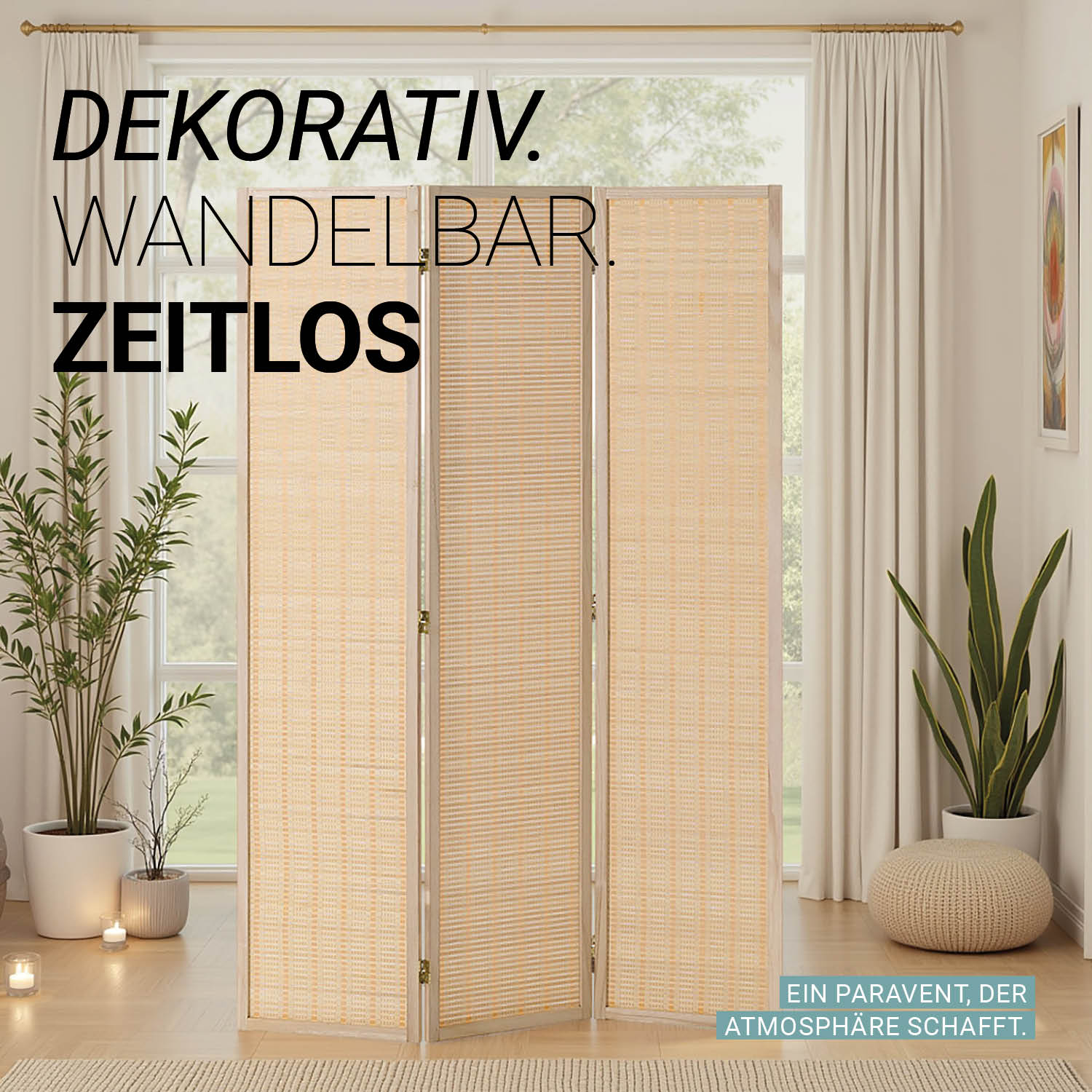Paravent Natural Bamboo Slats | 3-panel | Wood | Room Divider Partition Privacy Screen