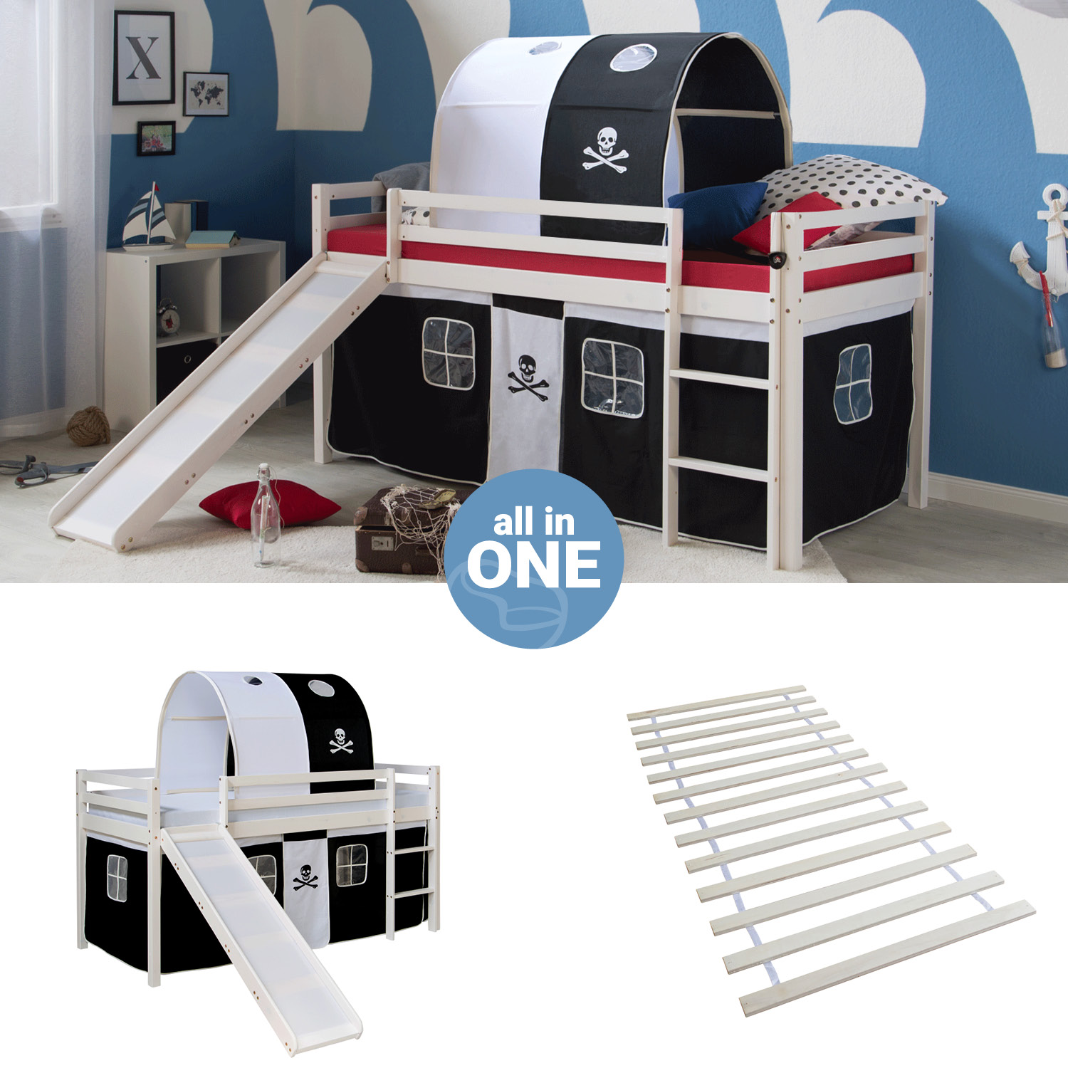 Loft Bed Kids 90x200 cm White with Curtain in Black | Tunnel | Slide | with Slatted Frame