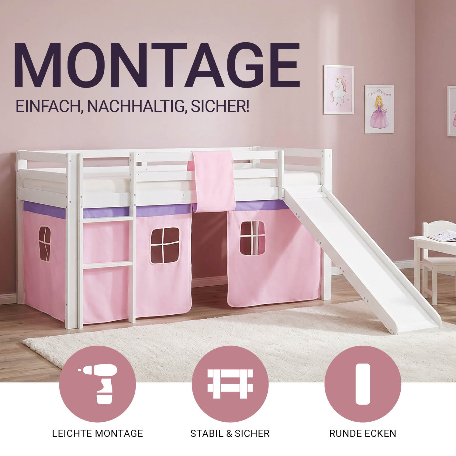 Children's Loft Bed 90x200 cm White with Pink Curtain | Slide | Includes Slatted Base | Includes Mattress