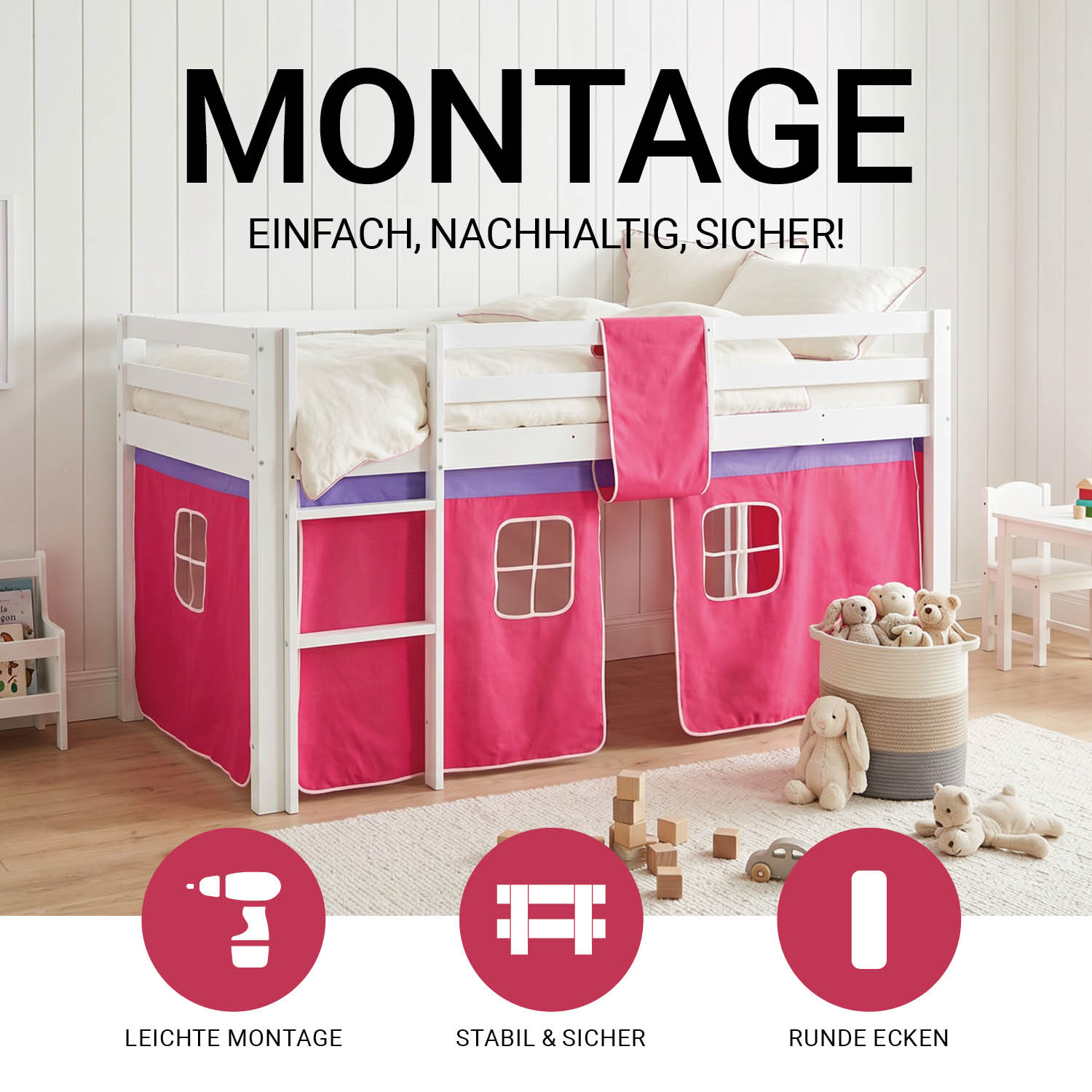 Loft Bed Kids 90x200 cm White with Curtain in Pink | without Slatted Frame
