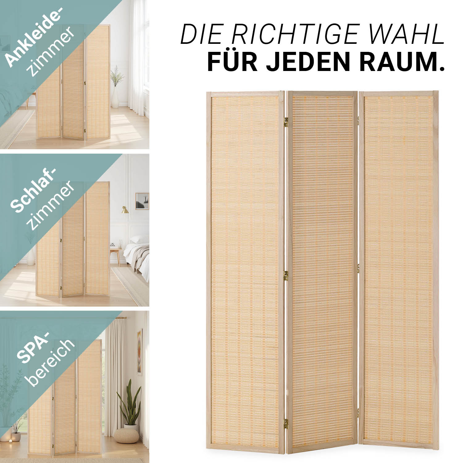 Paravent Natural Bamboo Slats | 3-panel | Wood | Room Divider Partition Privacy Screen